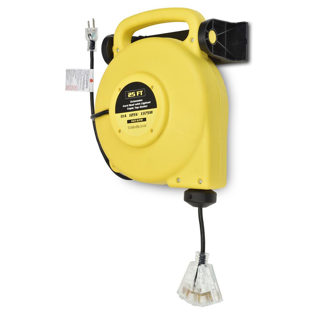 TerraBloom 25 FT Retractable Extension Cord Reel - Mountable & Portable Power Wire with 3 Outlets, LED Power Indicator, 14/3 SJTW, 11 Amp, 1375W - Perfect for Home, Garage, Workshop, and Outdoor Use
