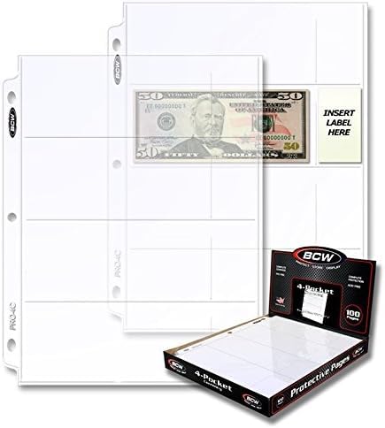 BCW Pro 4-Pocket Currency Sleeves - 100 Count for 6.5