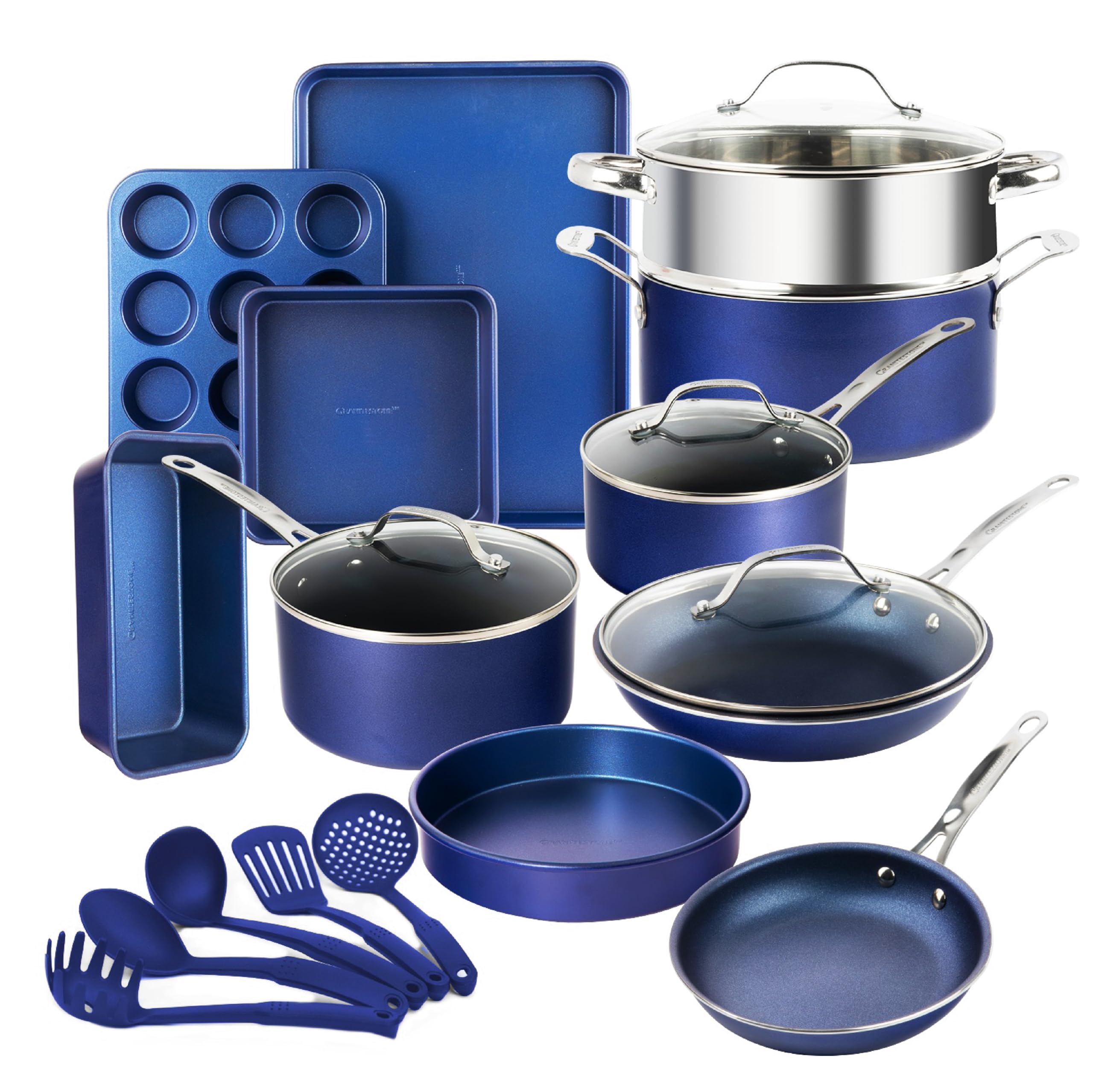 GRANITESTONE Blue 20-Piece Non-Stick Cookware Set with Utensils & Bakeware | PFOA & PFOS Free, Oven & Dishwasher Safe | Complete Kitchen Cookware Set for Baking, Frying & Everyday Cooking
