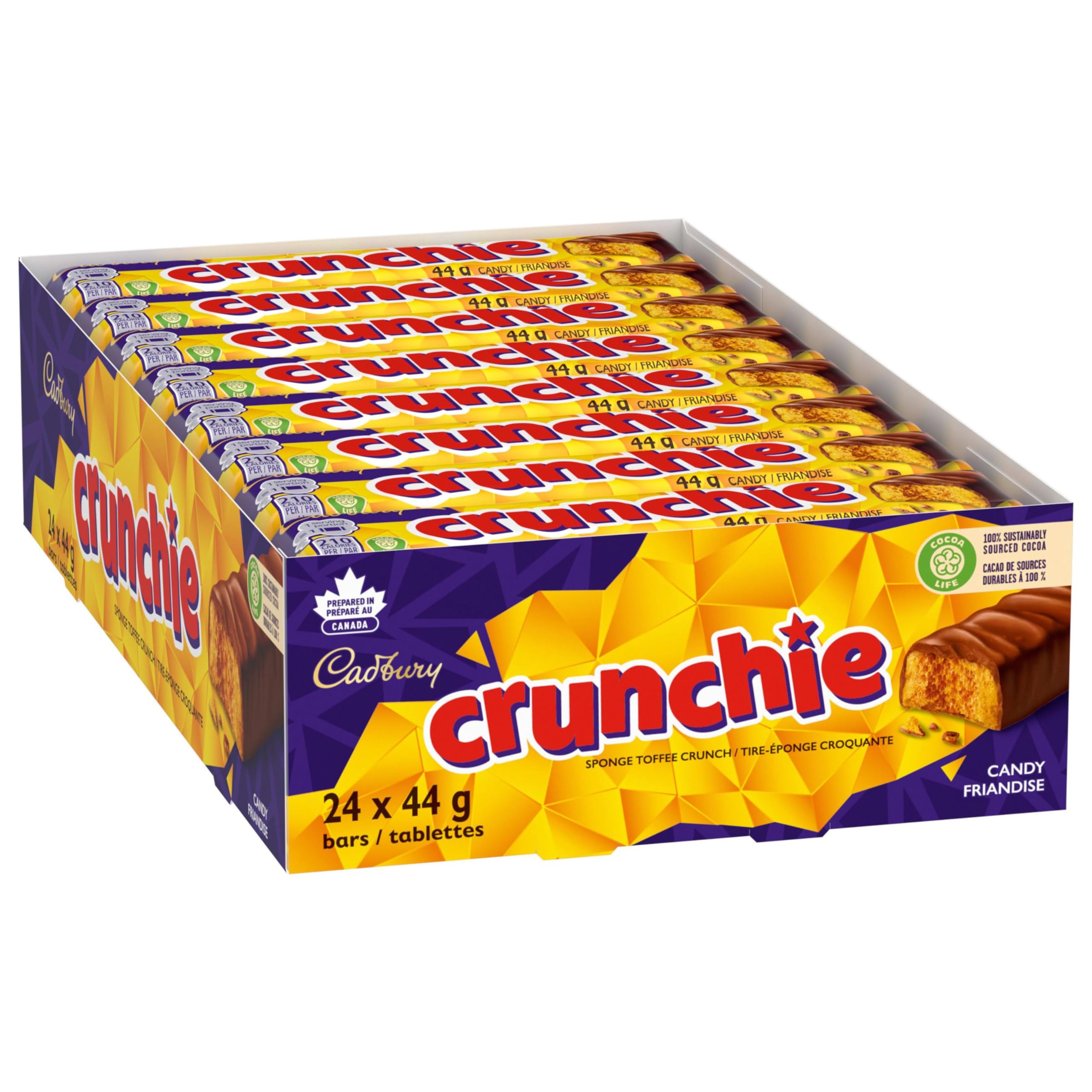 Cadbury Crunchie Full Size Chocolate Candy Bars - 44g Each, Pack of 24 - Individually Wrapped Halloween Treats for Parties, Trick-or-Treating & Gift Baskets | Delicious Honeycomb Toffee Chocolate Snacks