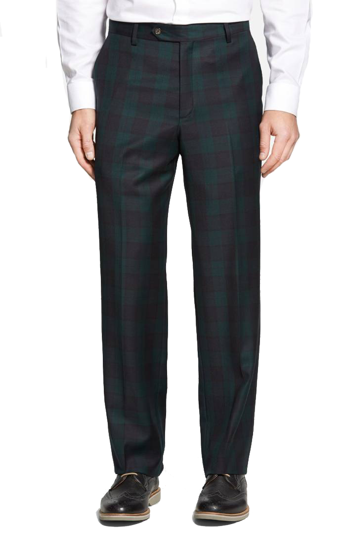 Classic Black Watch Wool Plaid Men's Pants - Flat Front, Regular Rise for Casual & Office Wear