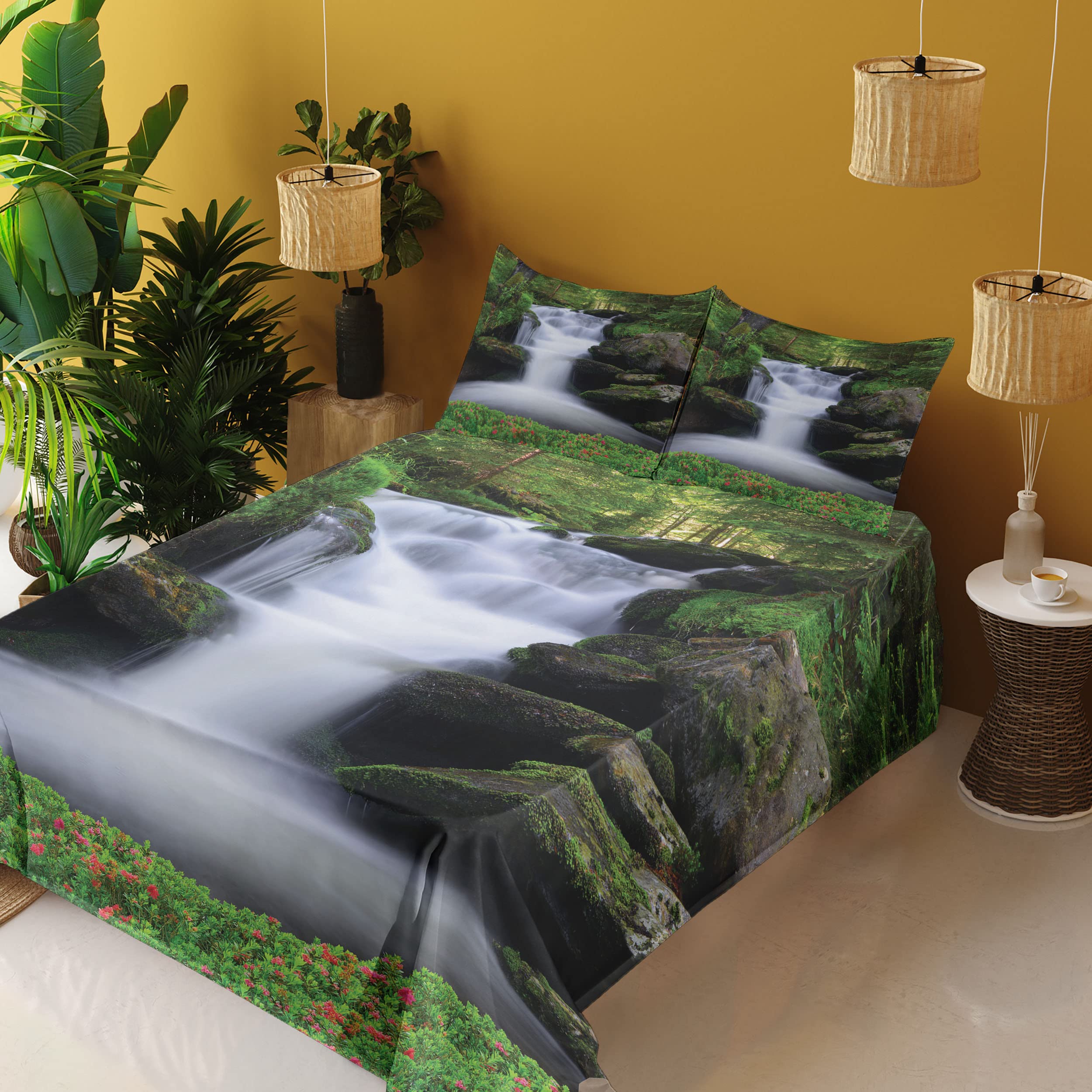 Ambesonne Waterfall King Size 4-Piece Sheet Set - Green & White Forest Floral Print, Fitted & Flat Sheets with Pillowcases | Nature-Inspired Bedroom Decor for Cozy Retreats & Spa-Like Relaxation
