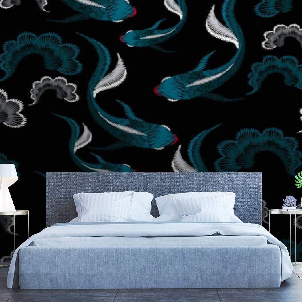 Modern 3D Removable Wallpaper - Embroidery Seamless Ethnic Koi Fish Design, Peel & Stick Wall Decor for Bedroom & Living Room | Perfect for Home Renovation, Nursery Decor, and Accent Walls