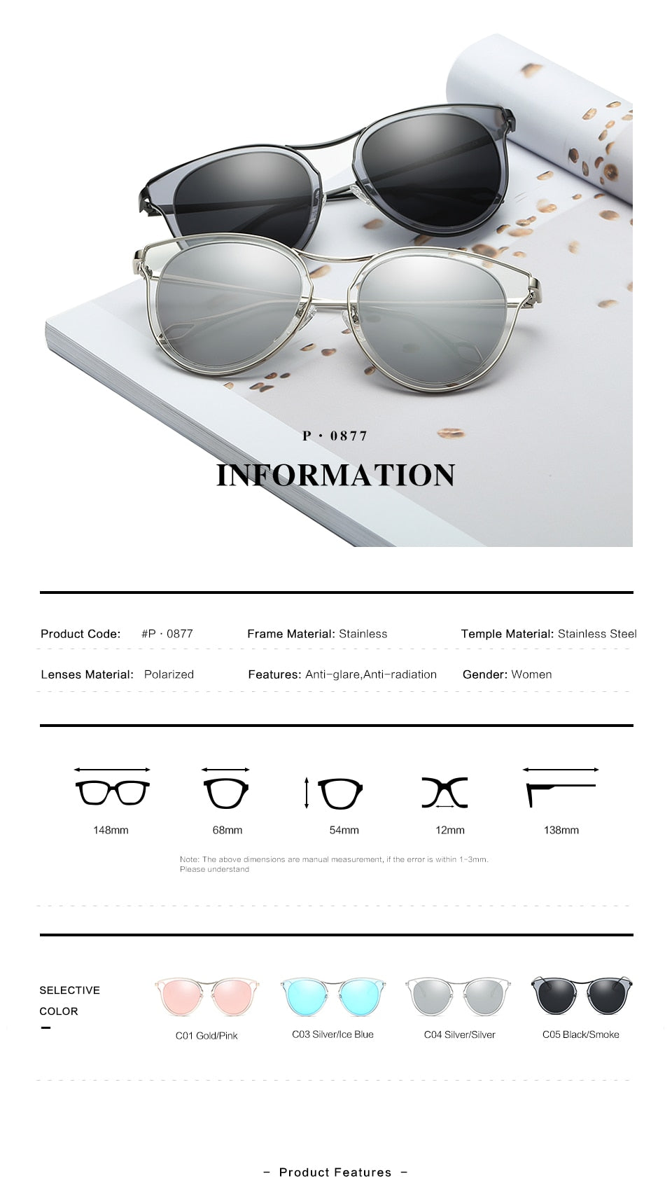 20/20 Women's Polarized Metal Frame Sunglasses P0877 - UV Protection, Lightweight & Stylish for Driving, Beach & Outdoor Activities