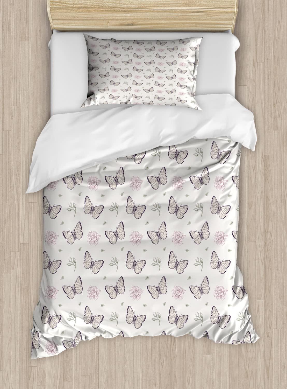 Ambesonne Entomology Duvet Cover Set - King Size 2-Pack with 2 Duvet Covers & 4 Pillowcases - Butterflies, Leaves and Roses Pattern in Pale Eggshell Pink - Perfect for Bedroom Decor, Guest Room & Cozy Home Styling