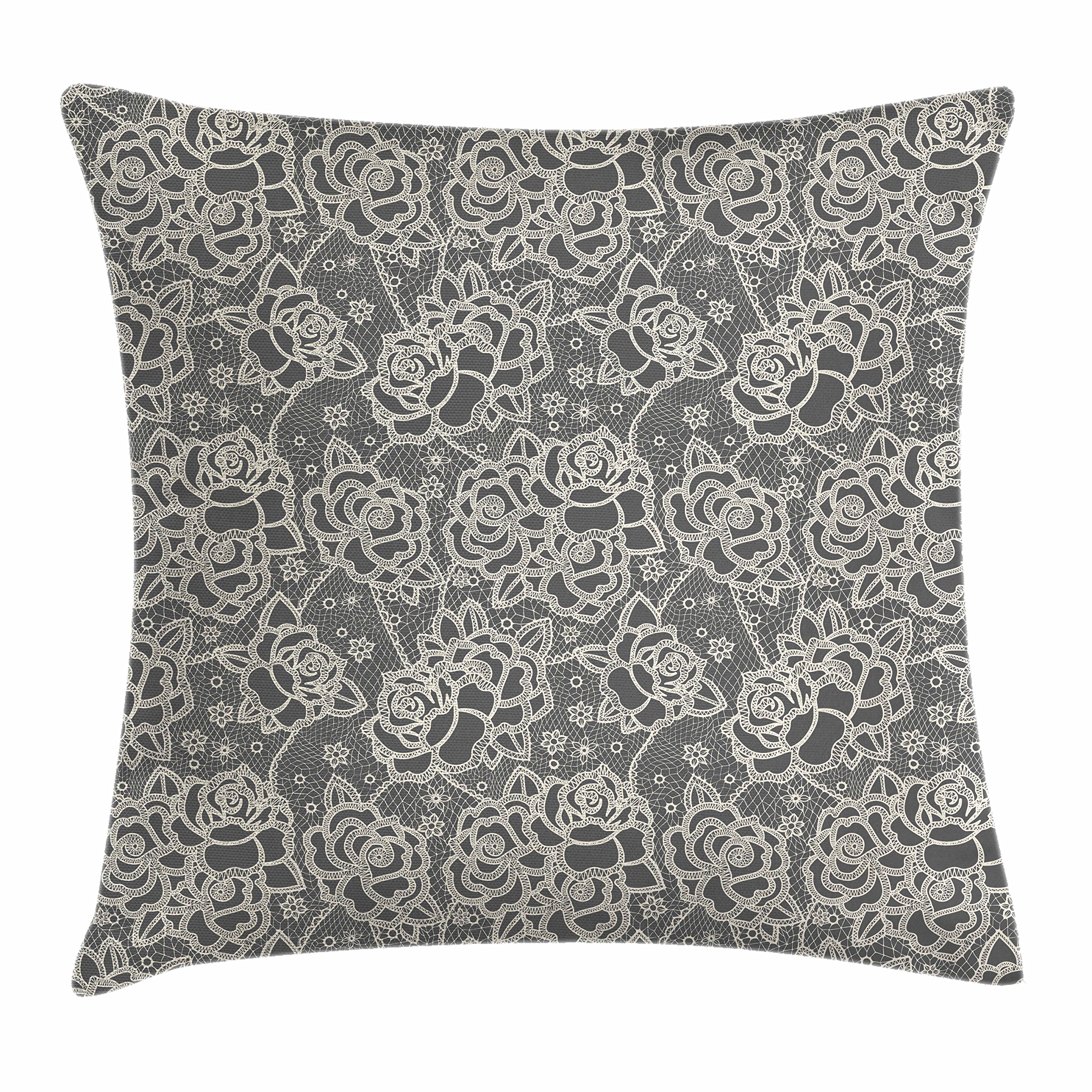 Ambesonne Vintage Throw Pillow Cover 18x18 Inches - Ornate Romantic Roses & Lace Design, Victorian Inspired Square Cushion Case in Dark Taupe Cream | Perfect for Sofa, Bedroom Decor, Living Room Accent, and Photo Backdrop