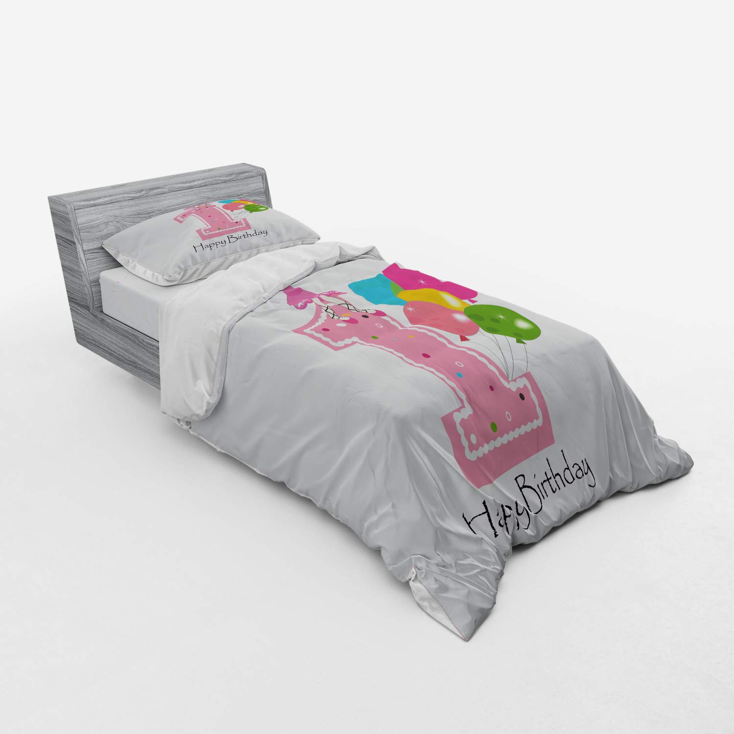 Ambesonne 1st Birthday Duvet Cover Set - Cartoon Party Theme with Pink Wand & Balloons, 3-Piece Twin Size Bedding Set (Duvet Cover + Sham + Fitted Sheet) in Pale Pink & Lilac - Perfect for Baby's First Birthday Party Decorations & Nursery Bedding