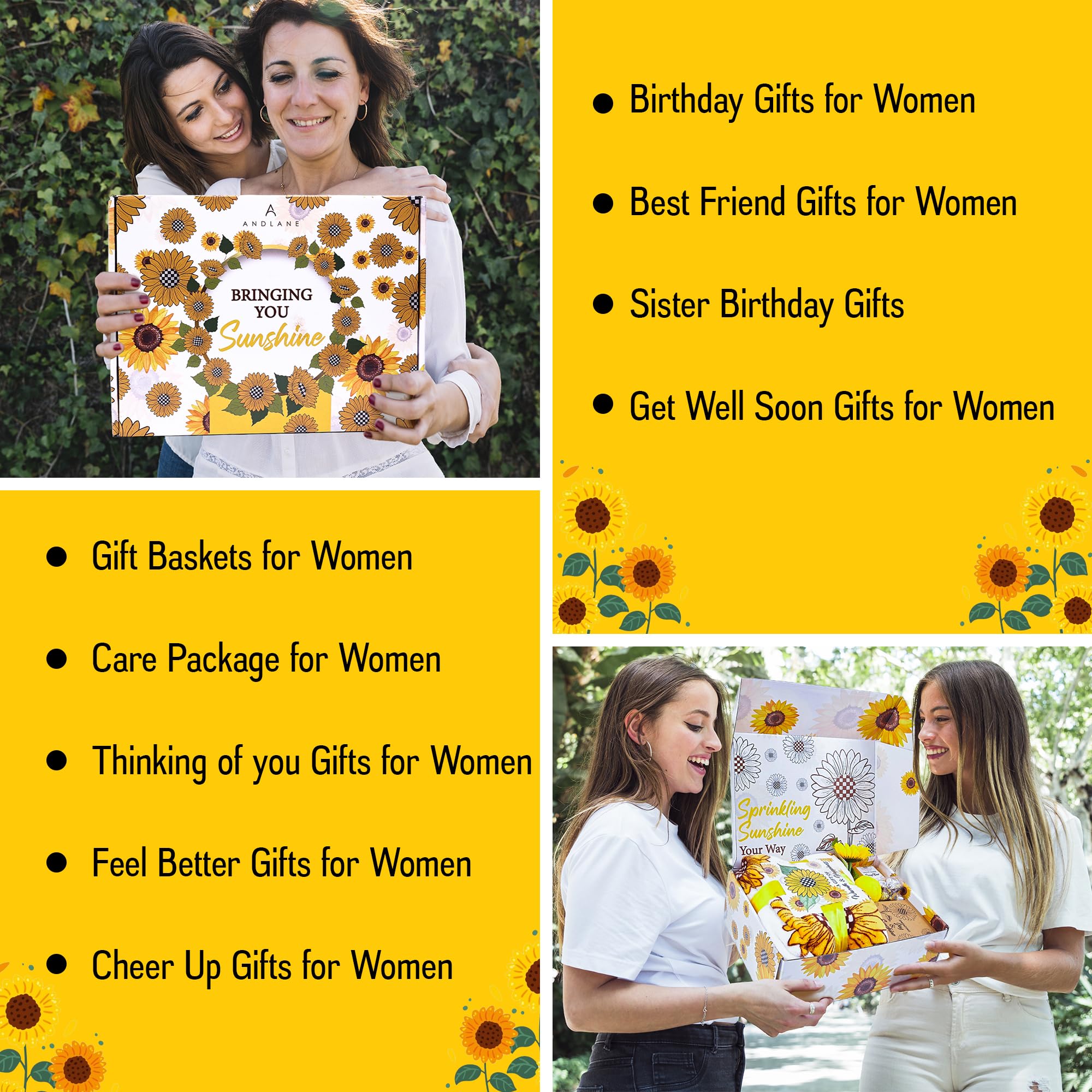 18Pcs Sunflower Gift Set for Women - Unique Birthday Gifts Basket for Best Friend, Sister & Loved Ones - Sunshine Care Package with Get Well Soon & Thinking of You Notes - Perfect for Housewarming, Friendship Day & Cheer Up Gifts