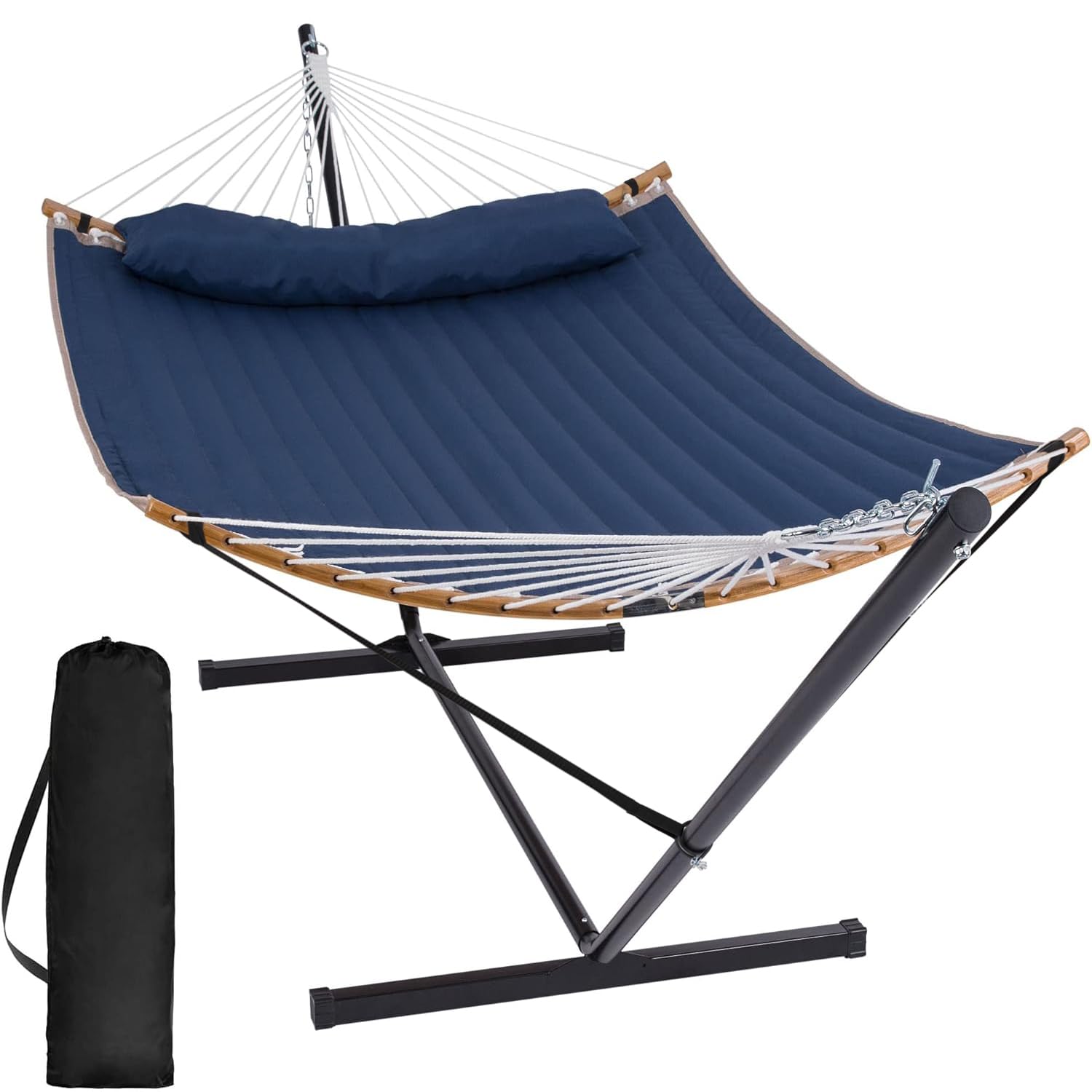 Portable Outdoor Hammock with Stand - Heavy Duty Hammock with Carrying Bag, Soft Pillow & Balance Ropes - Dark Blue - Perfect for Camping, Backyard Relaxation & Beach Vacations