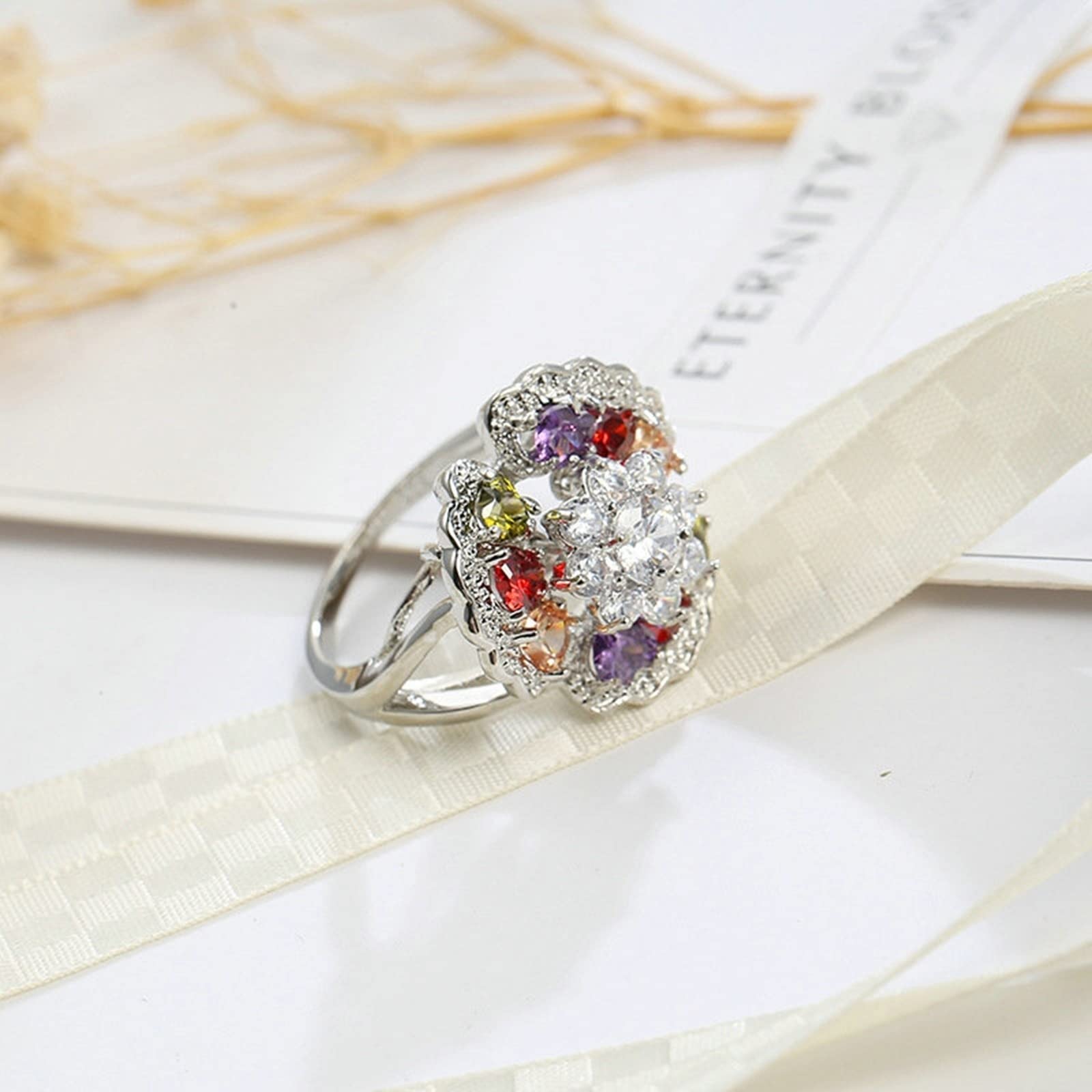 Stress Relief Fidget Ring for Women - Heart Shaped Cubic Zirconia Silver Plated Flower Design Jewelry - Perfect for Anxiety Relief, Focus & Anniversary Gifts - Office, Travel & Daily Wear Accessory
