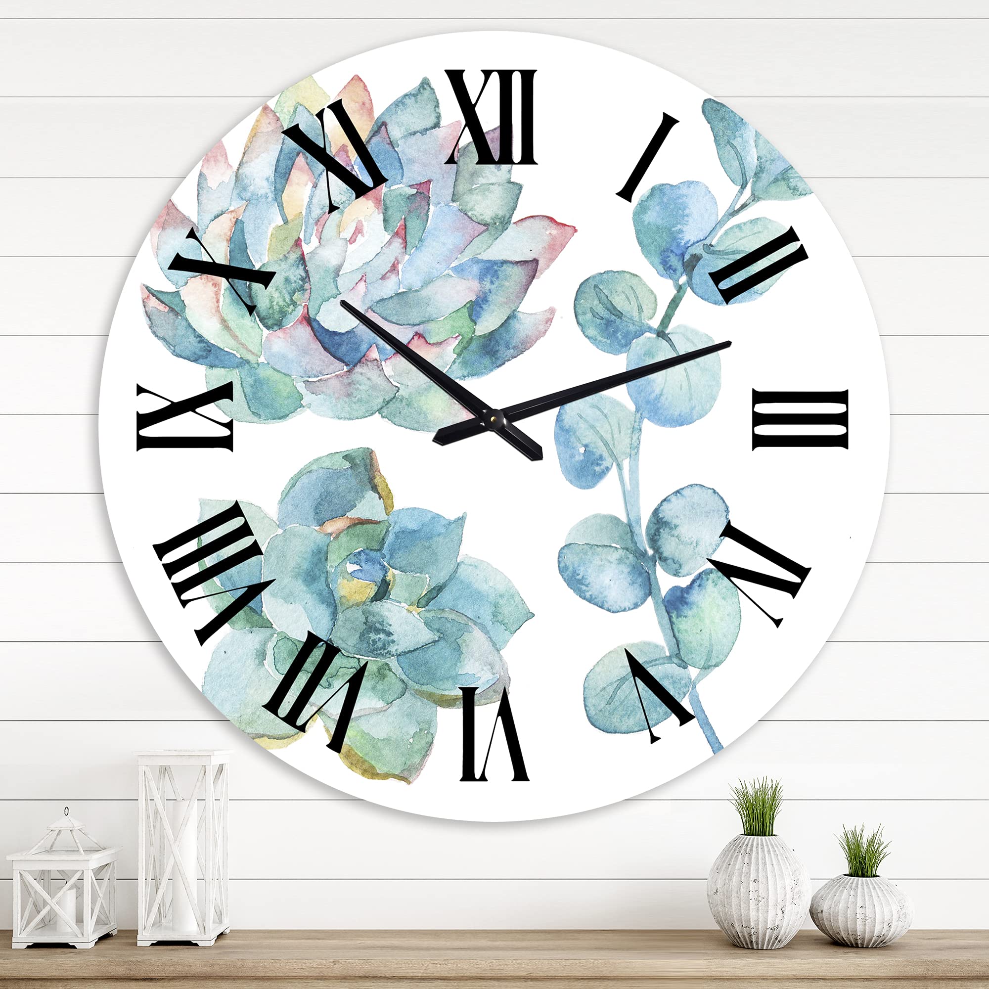 DesignQ Large Traditional Wall Clock with Eucalyptus Leaves & Succulents - Floral Botanical Decor for Home, Office, Living Room, Bedroom | Perfect for Farmhouse, Vintage & Modern Interior Design