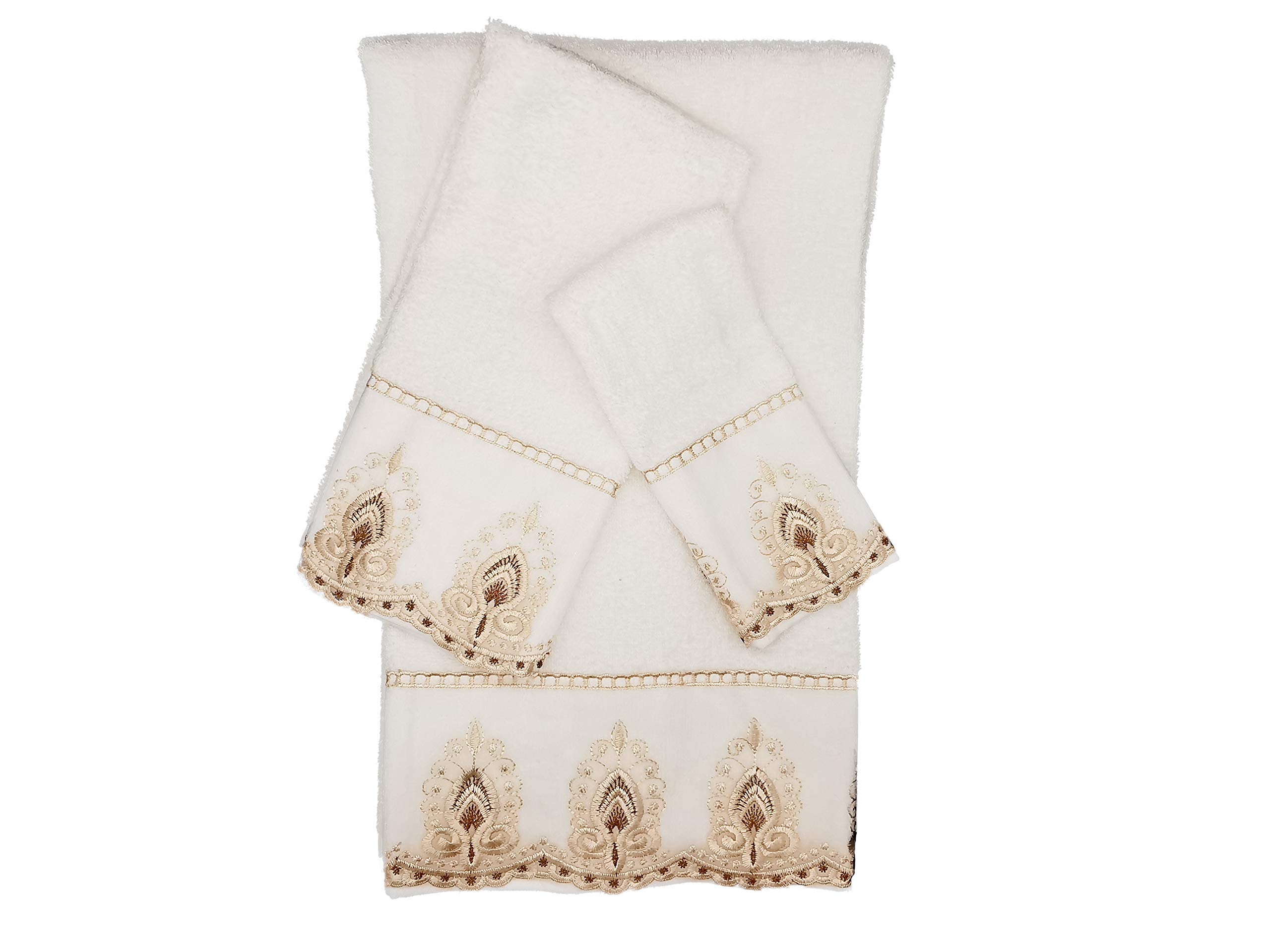 Premium Luxury 100% Cotton Sheer Lace Bath Towel Set - Ultra Soft 3-Piece Modern Bathroom Decor (White) for Spa, Hotel & Upscale Home Use