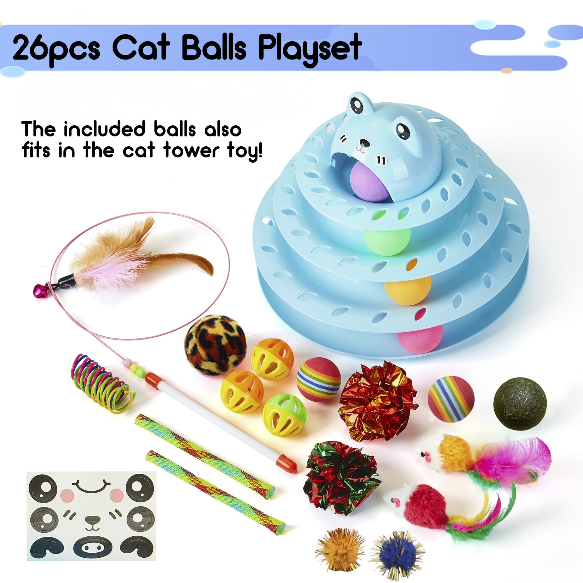 Gefryco 26pcs Interactive Cat Toys Roller with 4-Level Turntable, Self-Play Kitten Puzzle Toy Track & Colorful Balls, Fun Kitty Exercise Set for Indoor Cats (Blue) – Perfect for Playtime & Mental Stimulation