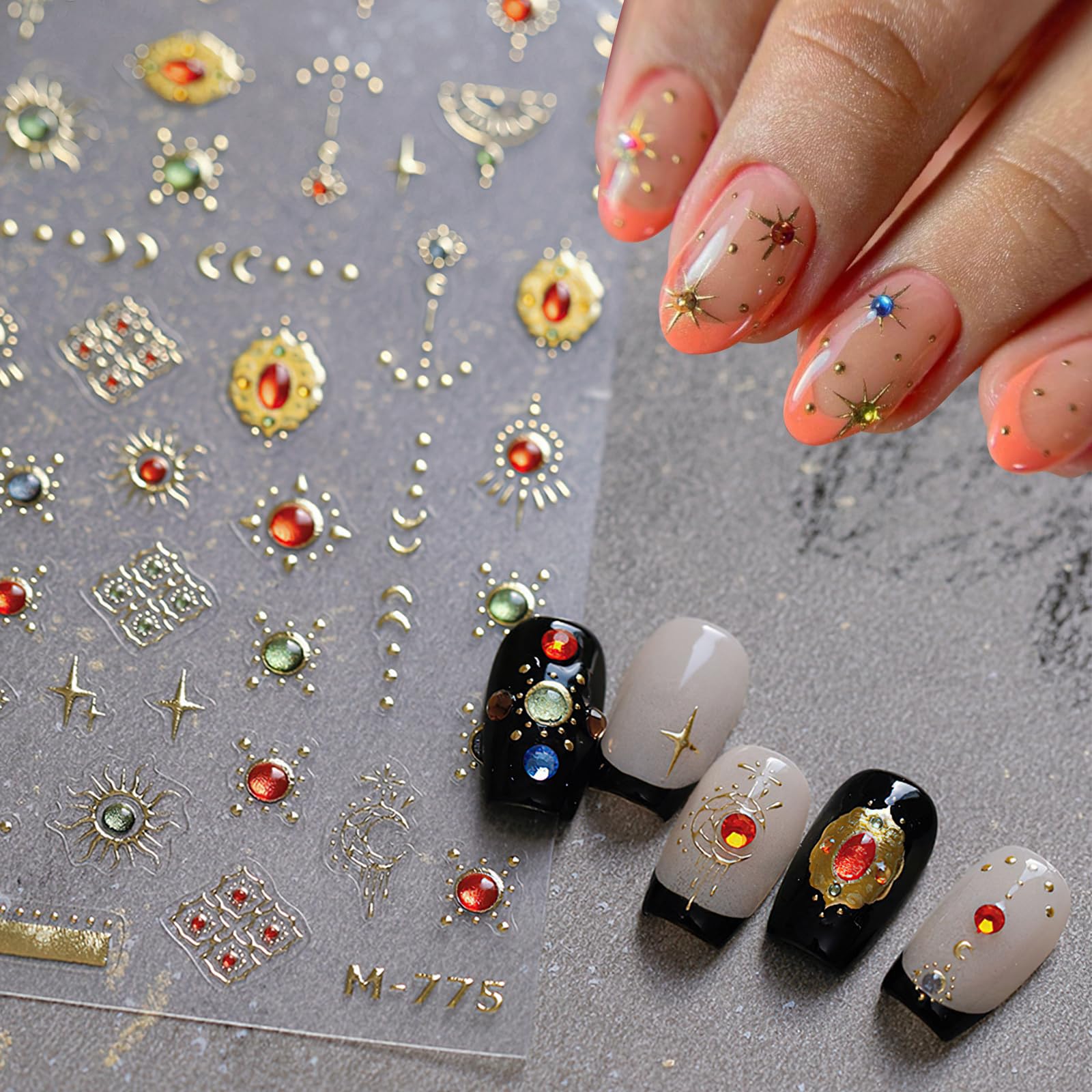 5D Embossed Retro Gold Nail Art Stickers - Luxury Sun Moon Star Nail Decals, Self-Adhesive Jewelry Nail Accessories for Women DIY Manicure | Perfect for Parties, Weddings, and Special Occasions