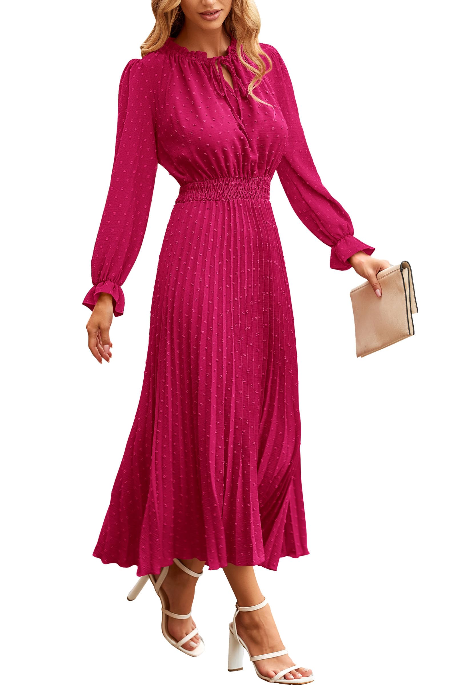 PRETTYGARDEN Women's Swiss Dot Pleated Midi Dress - Long Sleeve V-Neck A-Line Flowy Dress for Spring Fall 2025 | Casual Office Wear, Date Night & Special Occasions