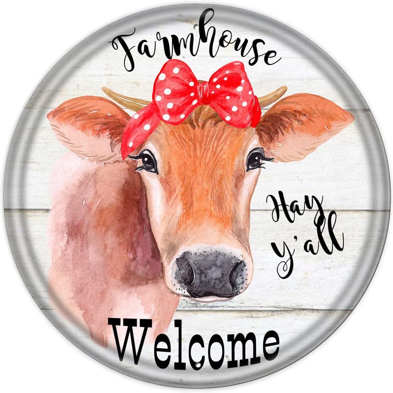 Vintage Round Metal Tin Sign - Farmhouse Welcome Sign 'Hay Y'all' with Cow Design - 12x12 Inch Rustic Wall Decor for Porch, Home, Kitchen - Perfect for Halloween, Christmas, Housewarming Gifts - Ideal for Farmhouse, Country Style & Western Themed Decorations