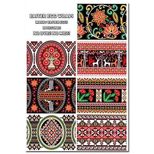 7 Red & Black Deer, Birds & Florals Ukrainian Easter Egg Decorating Wraps - Heat Shrink Sleeves for DIY Easter Decorations, Holiday Crafts & Spring Party Favors