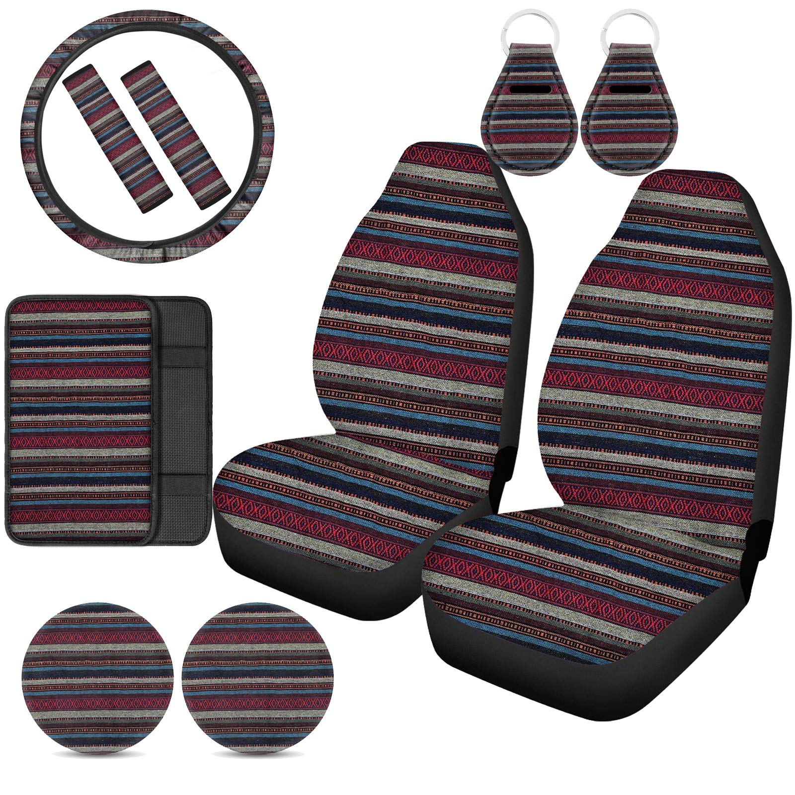 Xhuibop Tribal Baja Car Seat Covers Set - 10-Piece Universal Auto Accessories (Steering Wheel Cover, Console Pads, Seat Belt Covers, Cup Coasters & Keychain) - Stylish Interior Upgrade for Women & Men - Perfect for SUVs, Sedans & Road Trips