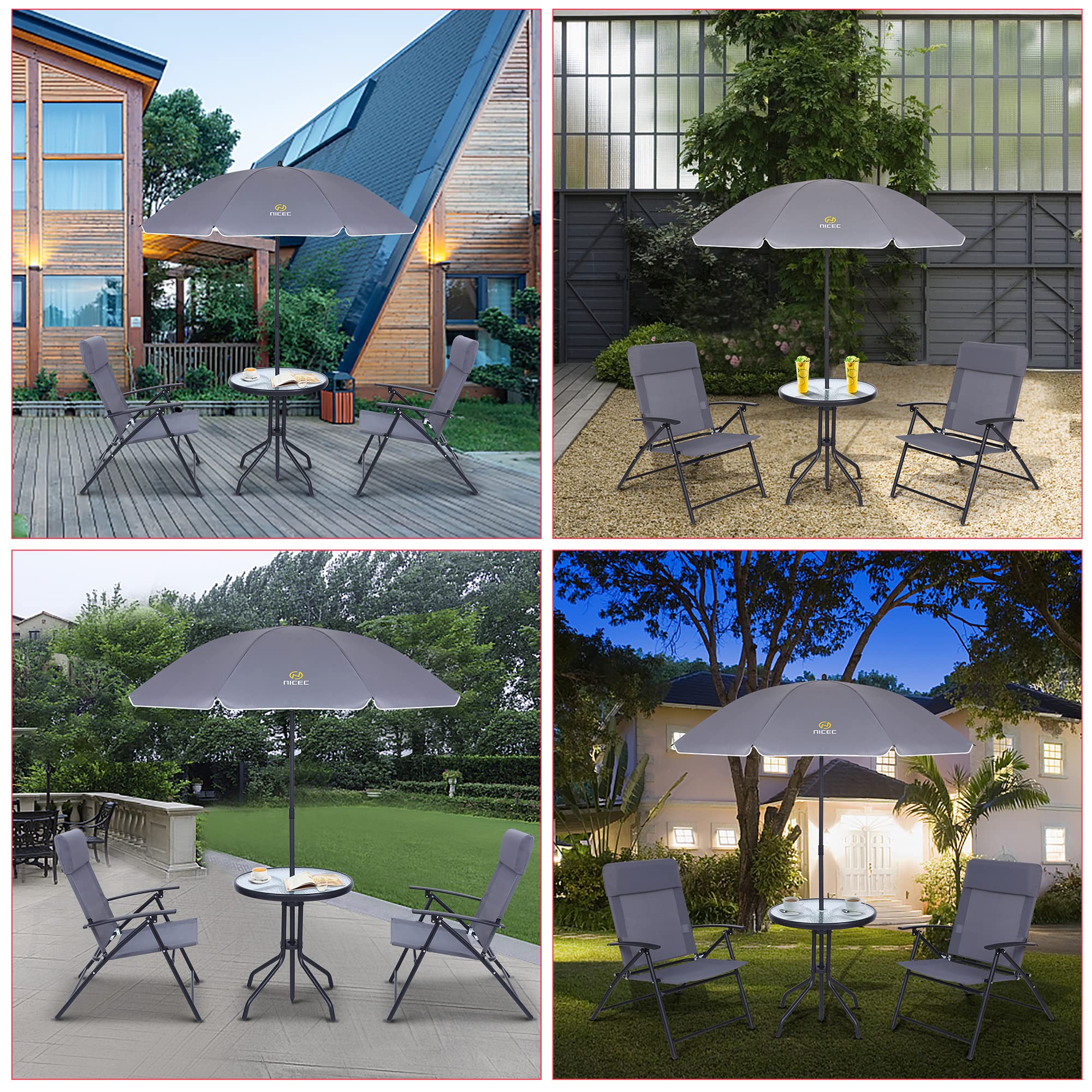 Premium 4-Piece Outdoor Patio Dining Set with Umbrella - Grey Glass Table & 2 Folding Chairs - Perfect for Garden, Backyard, Poolside & Balcony Relaxation