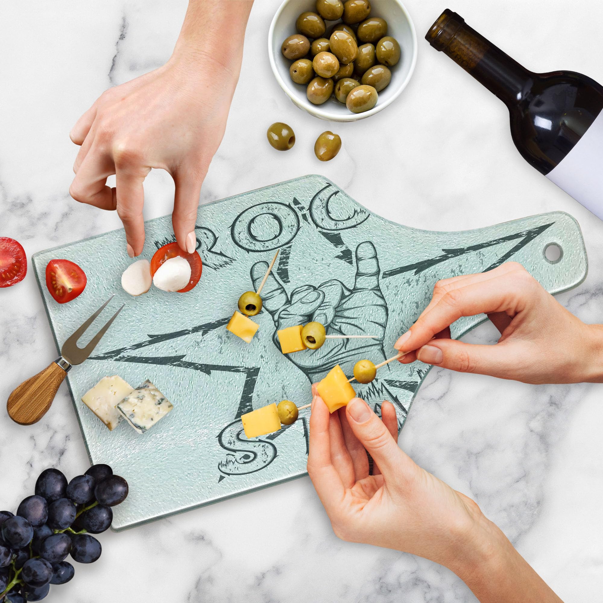 Ambesonne Popstar Party Cutting Board - Vintage Rock Star Theme with Grungy Sketch Design - Tempered Glass Serving Board for Cheese, Charcuterie & Wine - Black & White Wine Bottle Shape - Perfect for Entertaining & Gifts