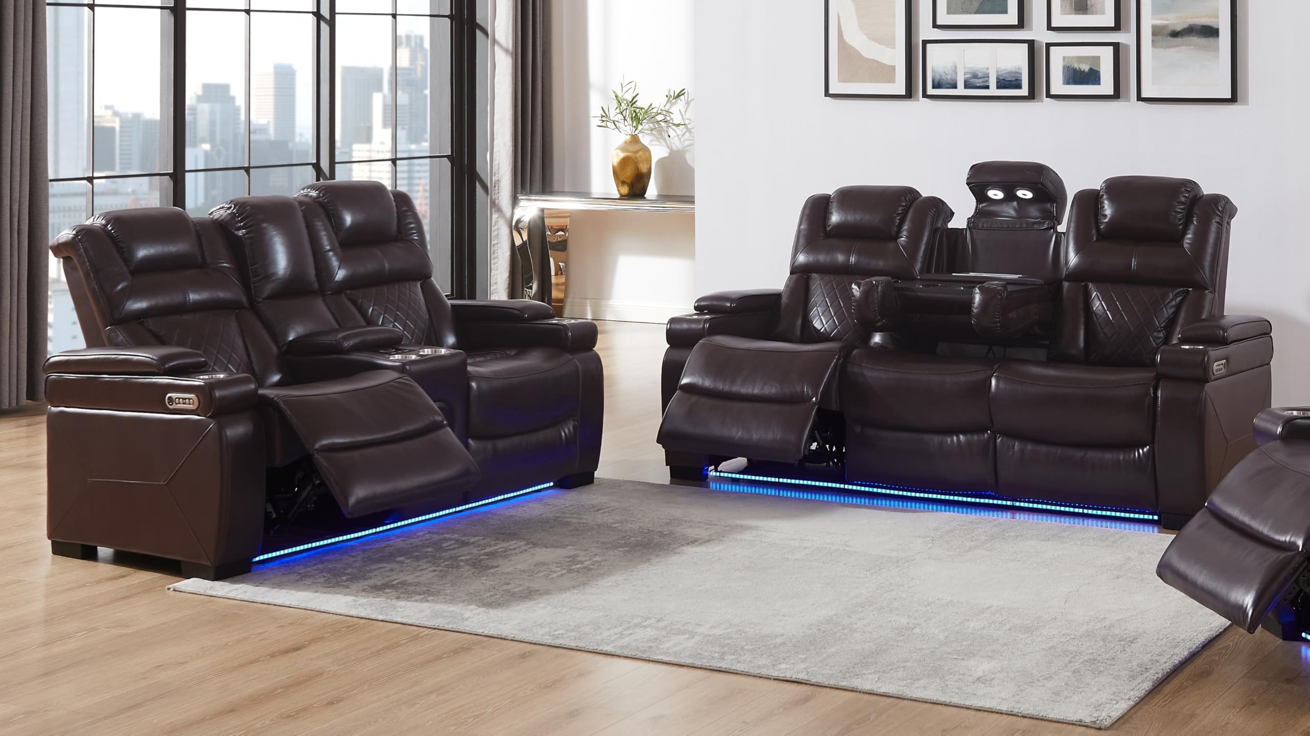 THSUPER Power Breathable Leather Reclining Sofa and Loveseat Set with LED Light, USB Port & Bluetooth Speaker - Adjustable Headrest & Reading Light - Home Theater Seating & Living Room Furniture (Brown) - Perfect for Movie Nights, Gaming & Relaxing in Style