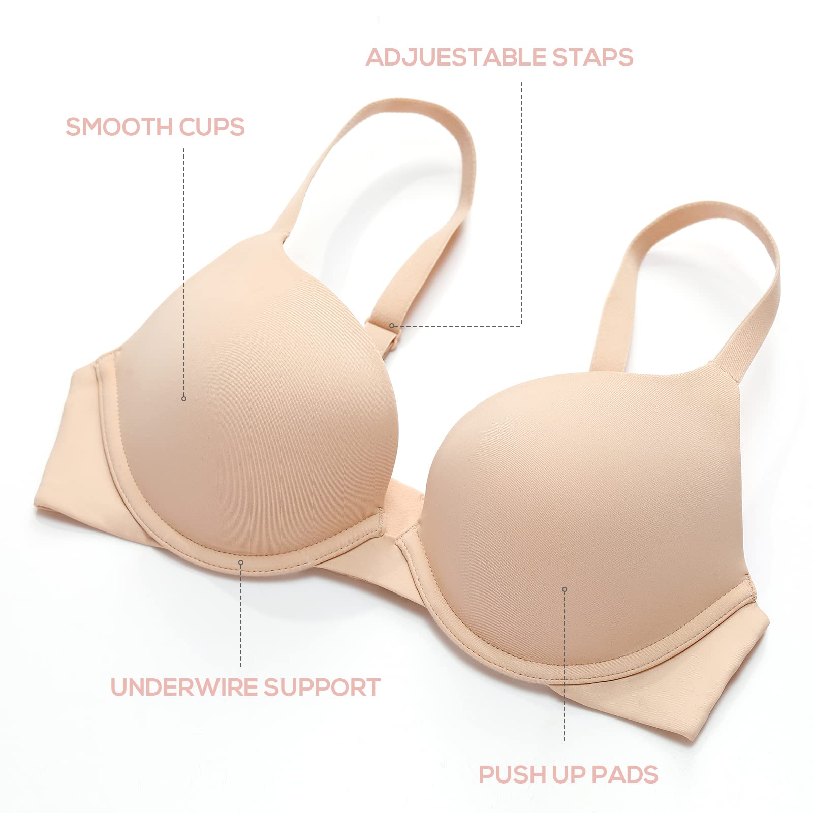 DOBREVA Women's Push Up Bra - Plunge Full Coverage T-Shirt Bra with Comfortable Padded Underwire for Everyday Wear & Special Occasions