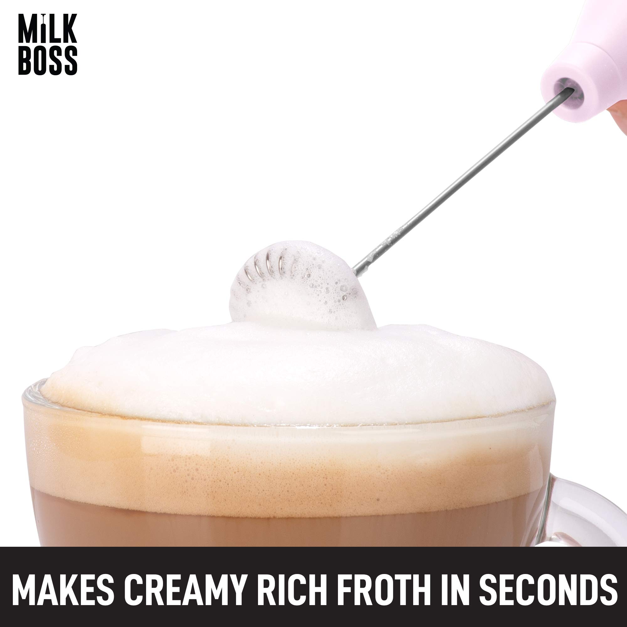 Milk Boss Mighty Milk Frother - Electric Handheld Whisk Mixer for Coffee, Lattes & Matcha | Portable Foam Maker with 16-Piece Stencils | Perfect for Home, Office & Cafe Use (Pink)