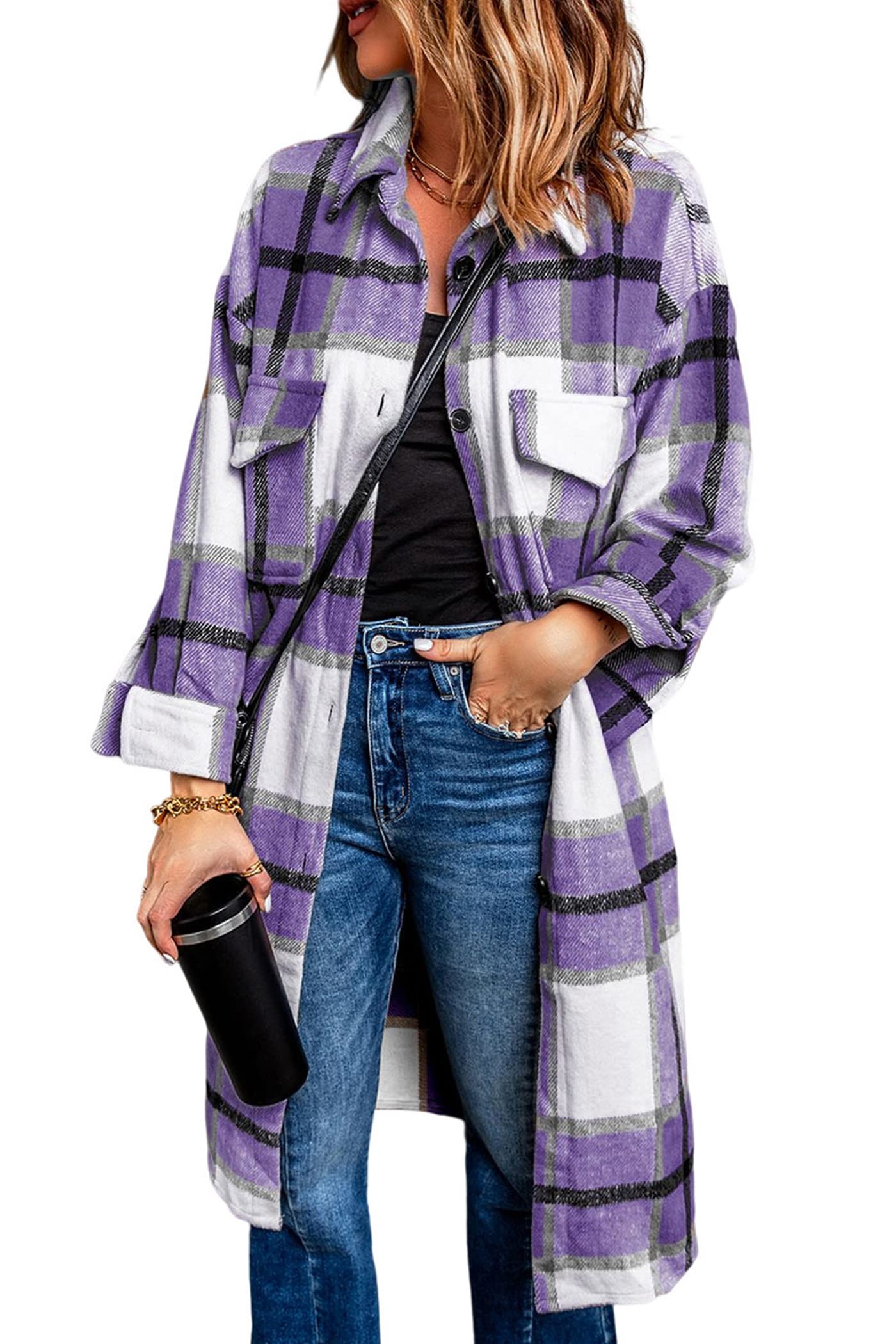 PRETTYGARDEN Women's 2025 Plaid Shacket Jacket - Long Sleeve Button Down Shirt with Wool Lining for Winter | Fashion Outerwear for Casual Wear, Office & Outdoor Activities
