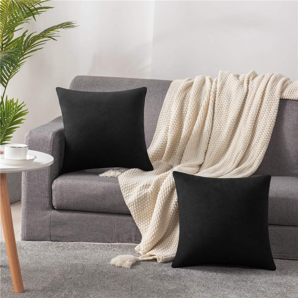DEZENE 20x20 Inch Black Velvet Decorative Pillow Covers - 2 Pack Soft Square Throw Pillow Cases for Farmhouse, Living Room & Bedroom Decor | Cozy Home Accent for Sofa, Couch and Chair