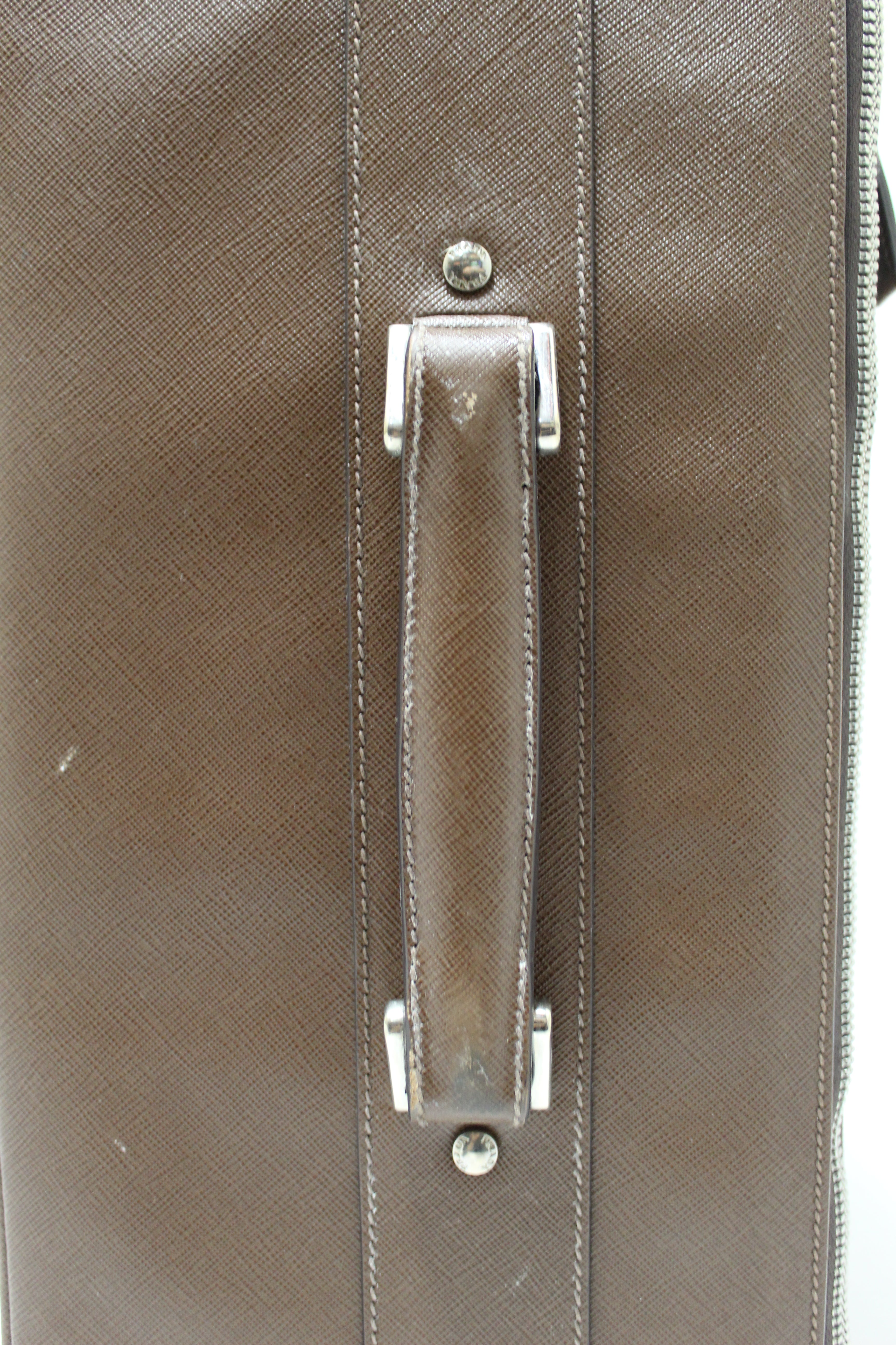 Authentic Prada Brown Saffiano Leather Carry-On Luggage with Wheels - Premium Rolling Suitcase for Business Travel & Vacation