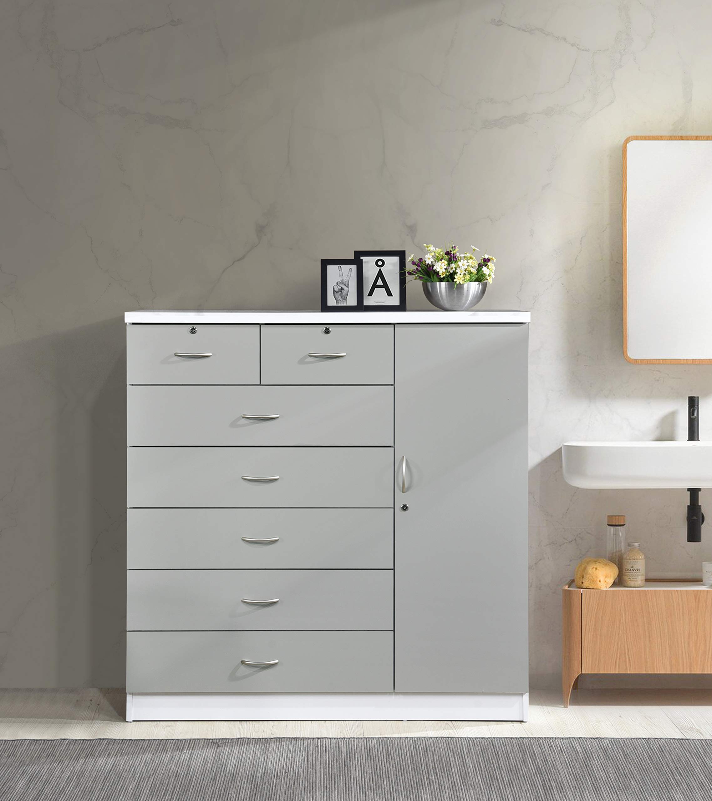 Hodedah 7-Drawer Jumbo Chest Dresser with 5 Large Drawers, 2 Small Lockable Drawers, Hanging Rod & 3 Shelves - Grey-White Finish | Perfect for Bedroom Storage, Closet Organization & Small Space Living