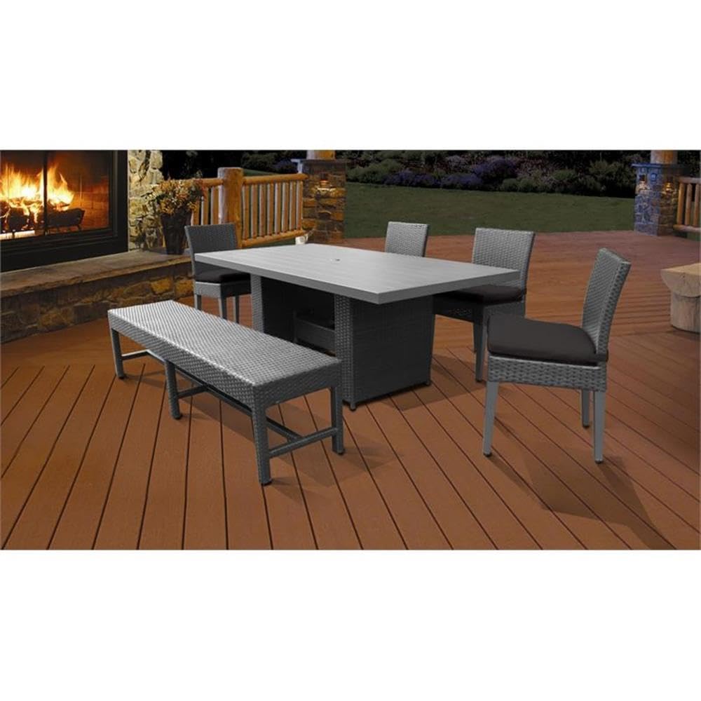 TK Classics BELLE-DTREC-KIT-4C1B-C-BLACK 5-Piece Outdoor Patio Dining Set - Black Wicker Rectangular Table with 4 Chairs & 1 Bench - Perfect for Garden, Backyard, Poolside & Terrace Dining