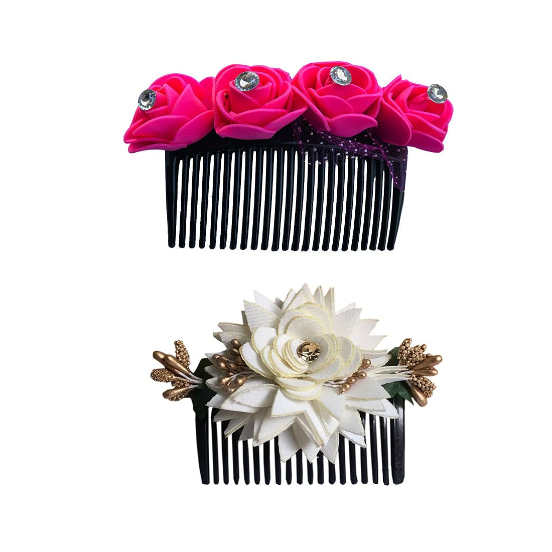 GadinFashion™ Women's Wedding Hair Accessories - Floral Hair Clip, Side Comb & Juda Pin Set for Brides, Bridesmaids (Pack of 2, Pink & White) - Perfect for Weddings, Prom, Parties & Special Occasions