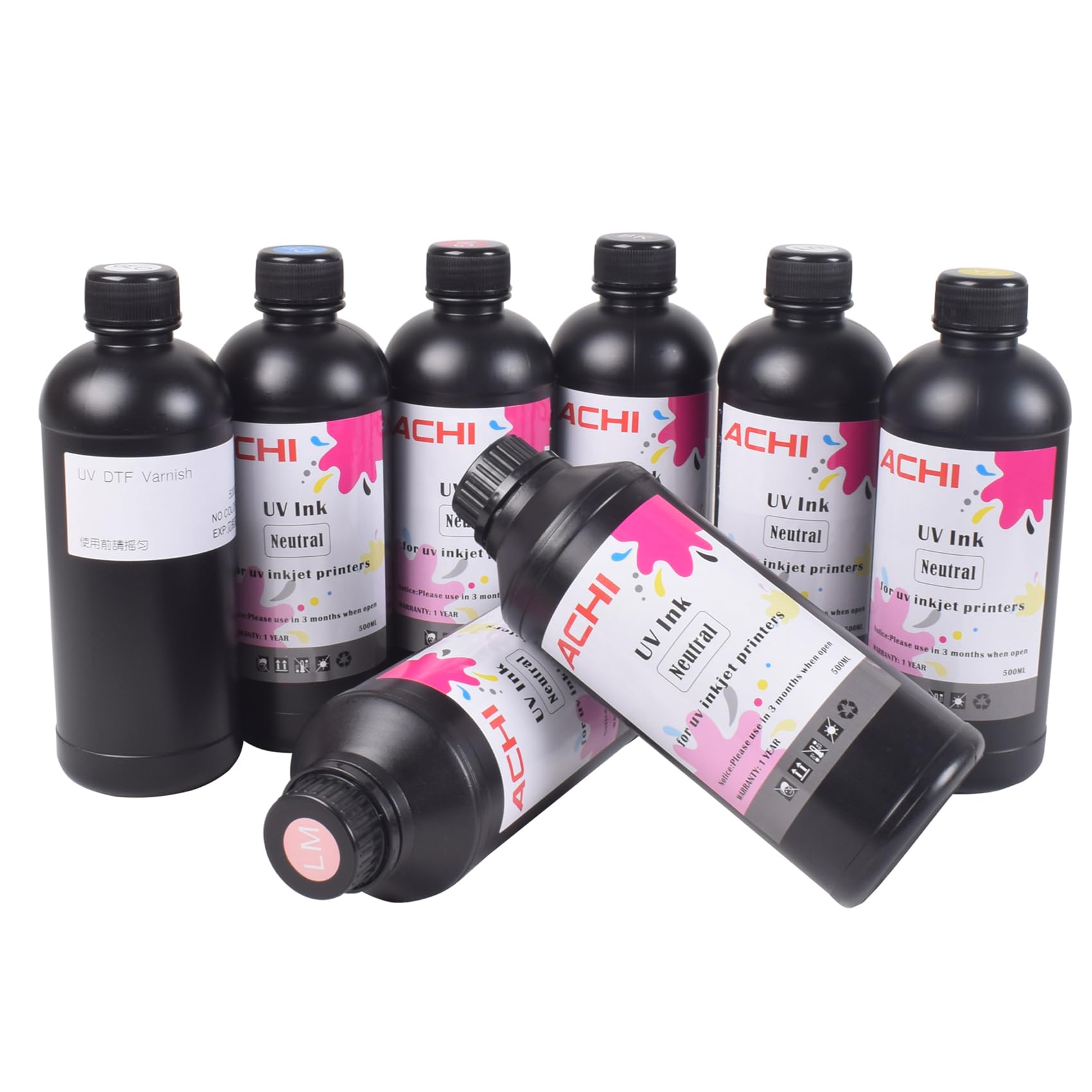 500M*8 UV Ink for UV 6090 Printer - CMYKWV + Varnish + LC + LM Ink Set (5X500ML) - Compatible with XP600, TX800, TX300, DX4, DX5, DX6, DX7, DX10 Printers - Perfect for Printing on Metal, Wood, Glass - Ideal for Signage, Home Decor, and Industrial Applications