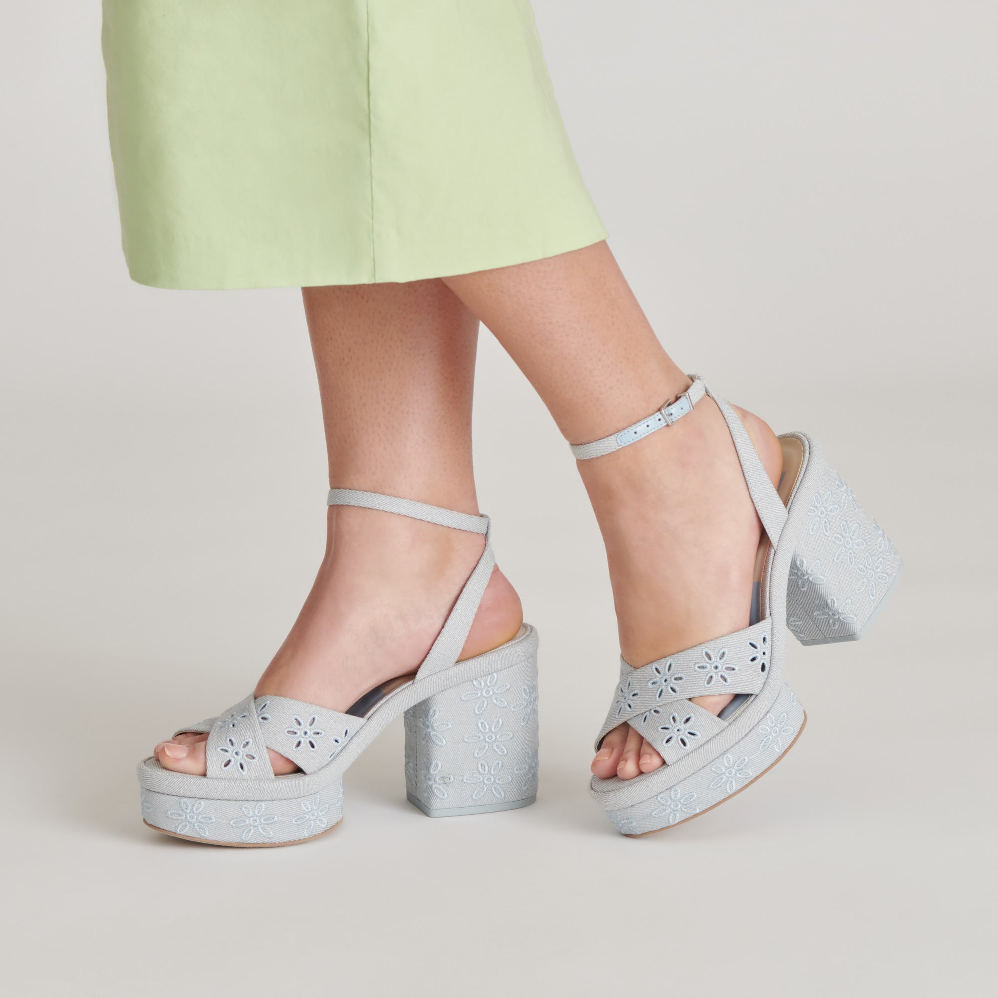LAISHA Women's Light Blue Floral Eyelet Heels - Comfortable High Heel Sandals for Weddings, Parties & Summer Outfits