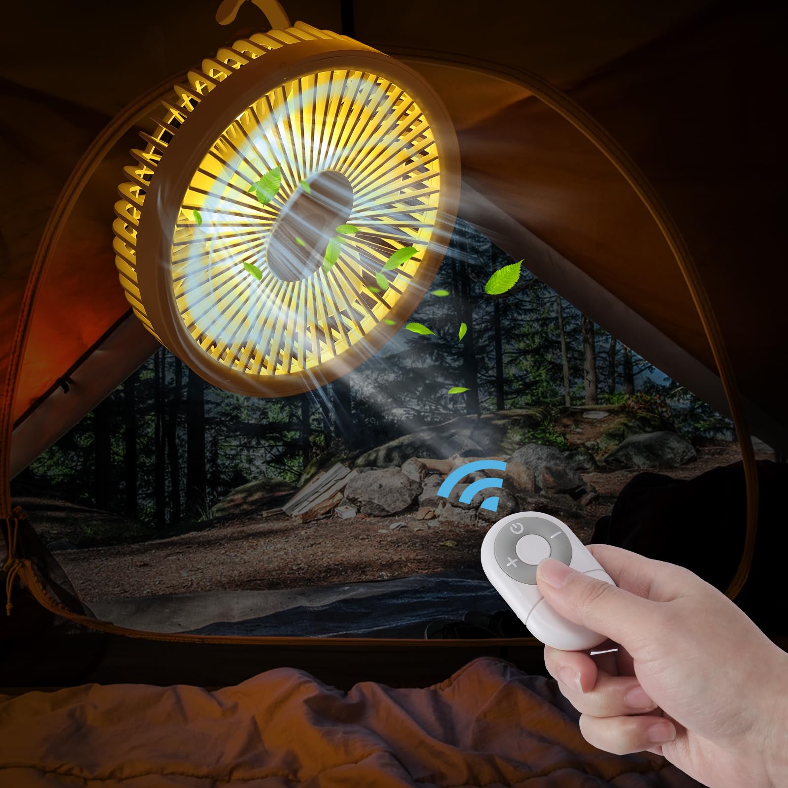 ZKLiLi 7-Inch Rechargeable USB Camping Fan with Light & Remote Control - Portable Hanging Tent Fan for Outdoor Camping, Hiking, and Indoor Desk Use - White