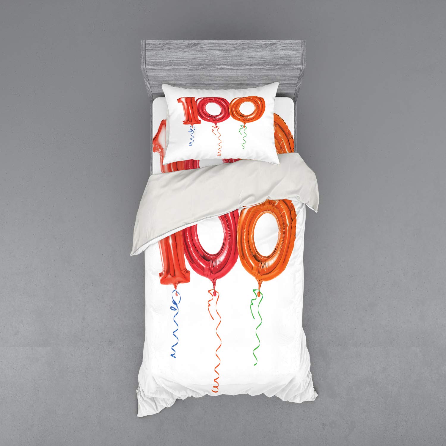 Ambesonne 100th Birthday Duvet Cover Set - 3 Piece Twin Size Bedding with Sham & Fitted Sheet - Vibrant Red Orange & Hot Pink Balloon Art Print - Perfect for Centenarian Celebrations, Milestone Parties & Unique Gift Ideas