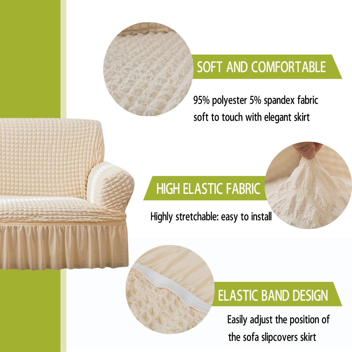 Qubjus Stretch Sofa Slipcover - Washable Couch & Sofa Bed Cover with Elastic Bottom & Skirt - Easy Fit Furniture Protector for Living Room, Bedroom, Office (Off-White, Small)
