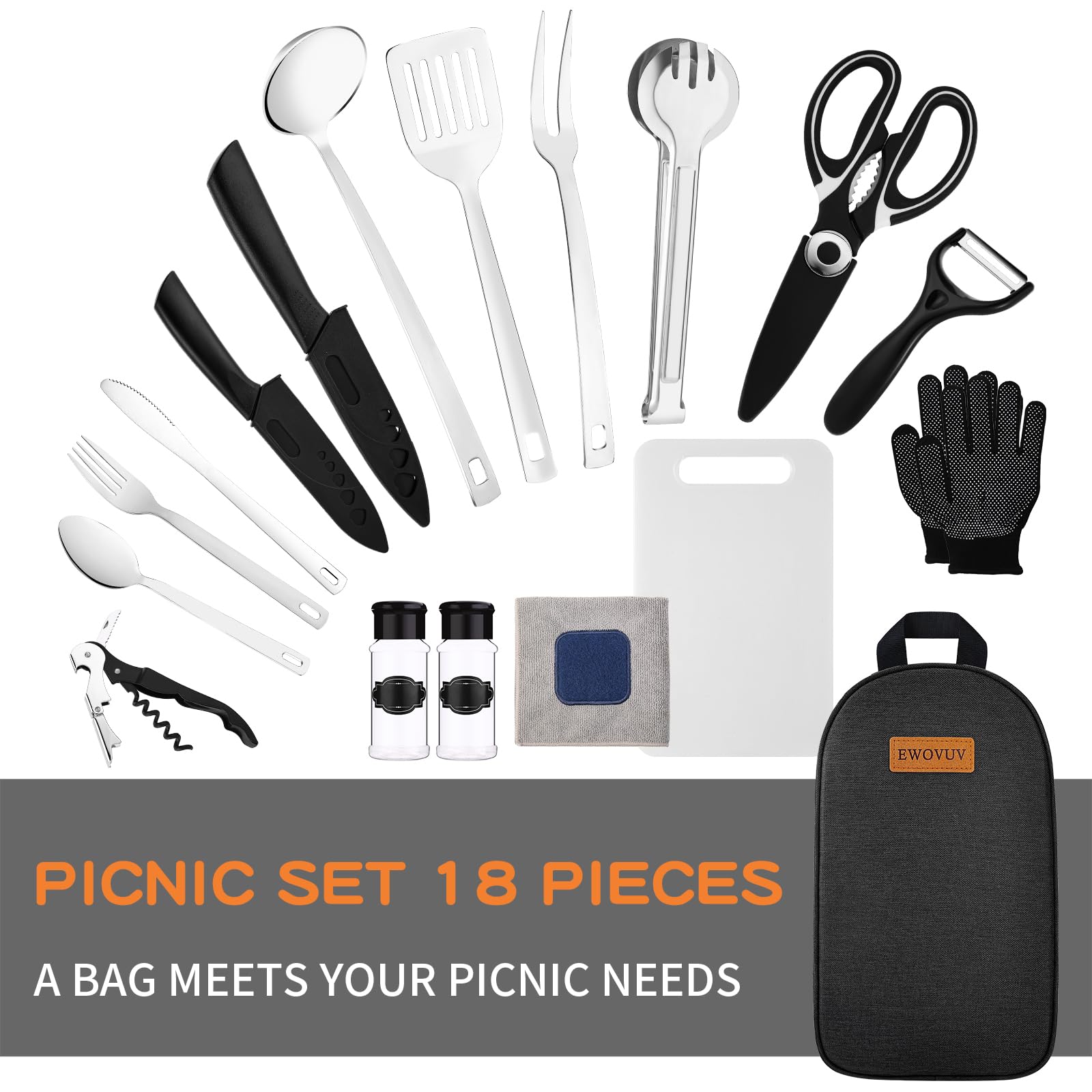 **Premium Camping Cooking Utensils Set - 15-Piece Portable Cookware Kit for Outdoor Camping, RV, Picnic & BBQ | Essential Camping Gear & Accessories for Women & Men | Durable, Lightweight & Compact Design**    *(Use for camping trips, RV adventures, backyard BBQs, picnics, hiking, and outdoor cooking!)*