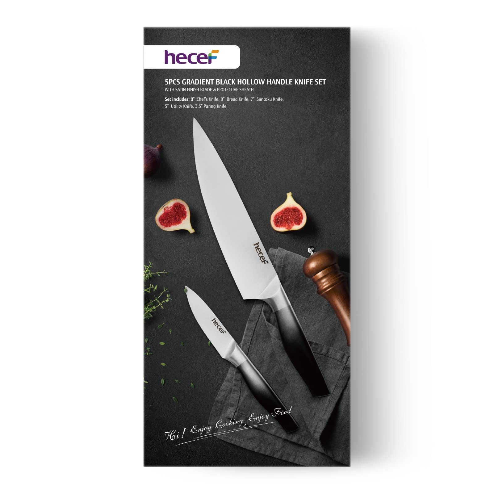 Premium 5-Piece Gradient Black Kitchen Knife Set - Satin Finish Blades, Hollow Handle, Protective Sheaths - Chef, Santoku, Bread, Utility & Paring Knives - Perfect for Home Cooking, Professional Chefs & Gift Giving