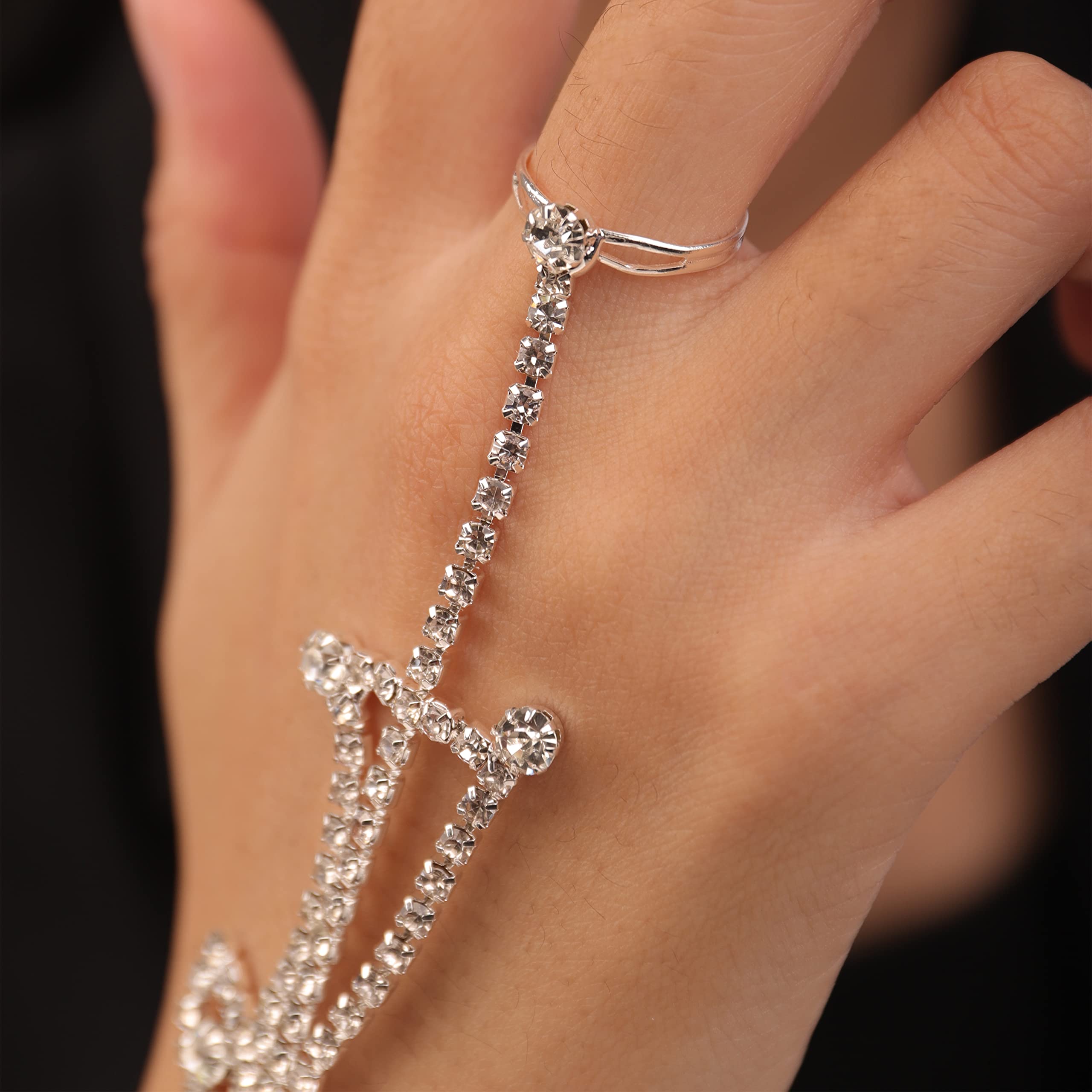 Elegant Rhinestone Butterfly Bridal Bracelet - Adjustable Silver & Gold Crystal Wedding Hand Harness Bangle with Finger Rings - Women's Jewelry Accessories for Bridal Shower, Wedding, Party & Special Occasions