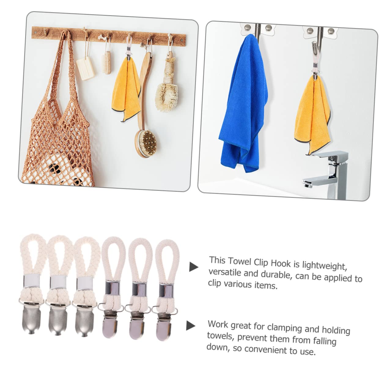 6-Pack Braided Cotton Towel Hangers - Heavy Duty Towel Clips for Kitchen, Bathroom & Laundry - Rustproof Iron Hooks for Hanging Towels, Clothes & Accessories - Perfect for Home, Dorm & RV Organization