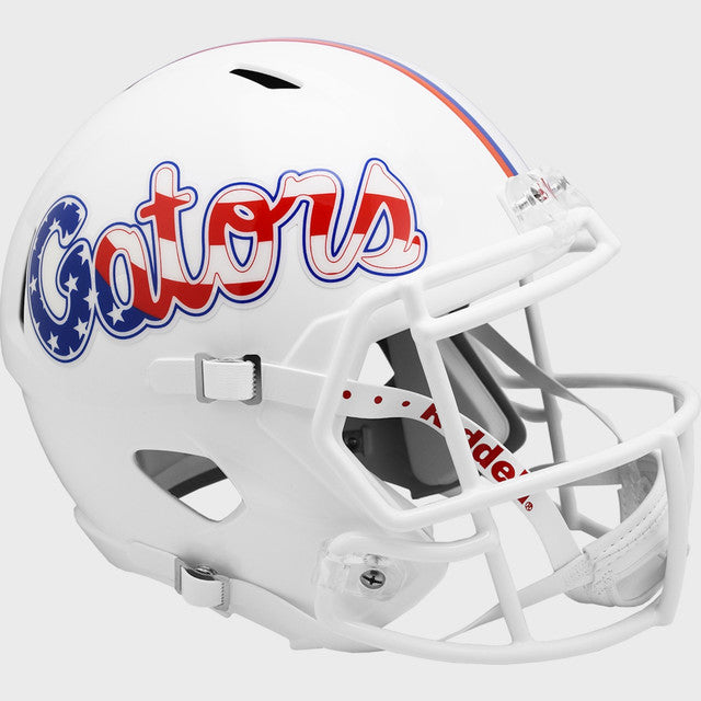 Florida Gators NCAA Mini Speed Football Helmet - White with Stars & Stripes Design - Perfect for Game Day Decor, Sports Collectibles, and Gators Fan Gifts