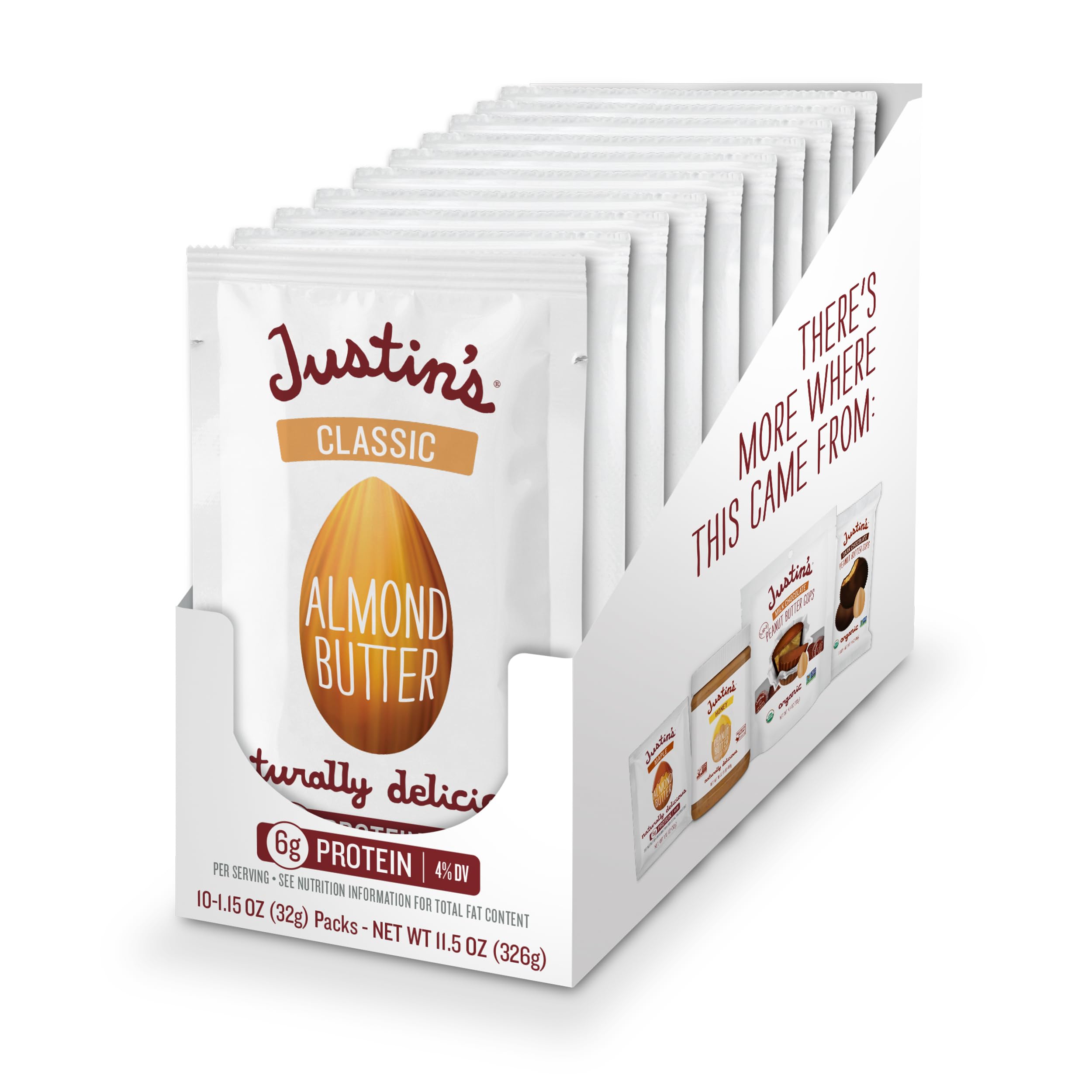 Justin's Classic Gluten-Free Almond Butter Squeeze Packs, 1.15oz (10 Pack) - Healthy On-The-Go Snack for Hiking, School Lunches & Keto Diet