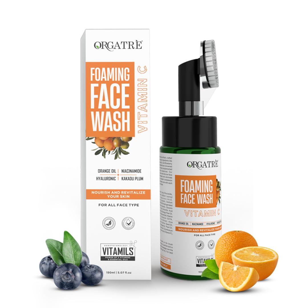 Orgatre Vitamin C Foaming Face Wash with Built-in Silicone Brush - Niacinamide Cleanser for Acne-Prone Skin | Brightening & Hydrating Facial Wash for Women & Men | Suitable for Oily & Dry Skin | 100ml | Perfect for Daily Skincare Routine & Travel