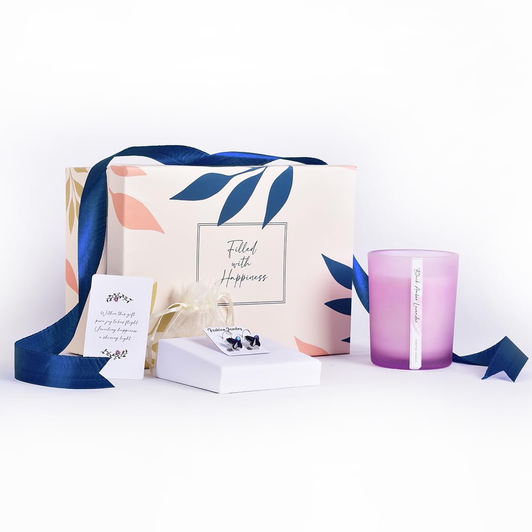 Gleevers Luxury Birthday Gift Set for Women - 2-Piece Box with Black Amber Lavender Scented Candle (250g) & Butterfly Earrings | Perfect Anniversary Gift for Wife, Mother's Day Present for Mom, Birthday Surprise for Mother | Romantic Occasions, Special Celebrations & Thoughtful Gestures
