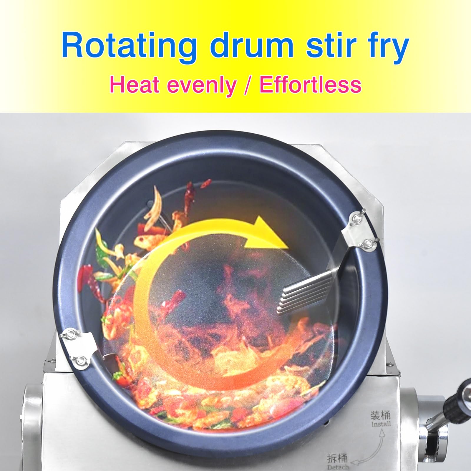 Automatic 360° Stir Fry Cooker with Water Spray - Drum Type Auto Cooking Wok Machine for Natural Gas Countertop - Perfect for Home Kitchens & Commercial Restaurants