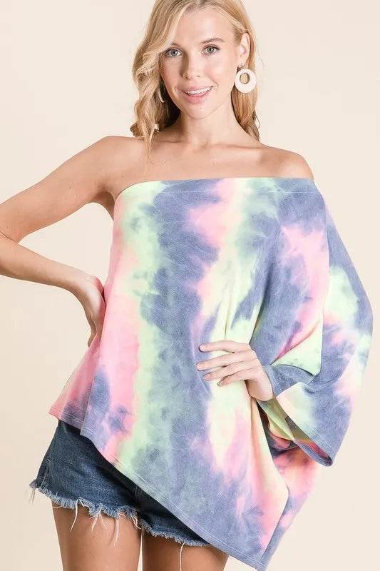 BiBi Tie Dye French Terry One Shoulder Dolman Top | Trendy Women's Casual Shirt | Perfect for Summer Outfits, Beach Wear & Music Festivals