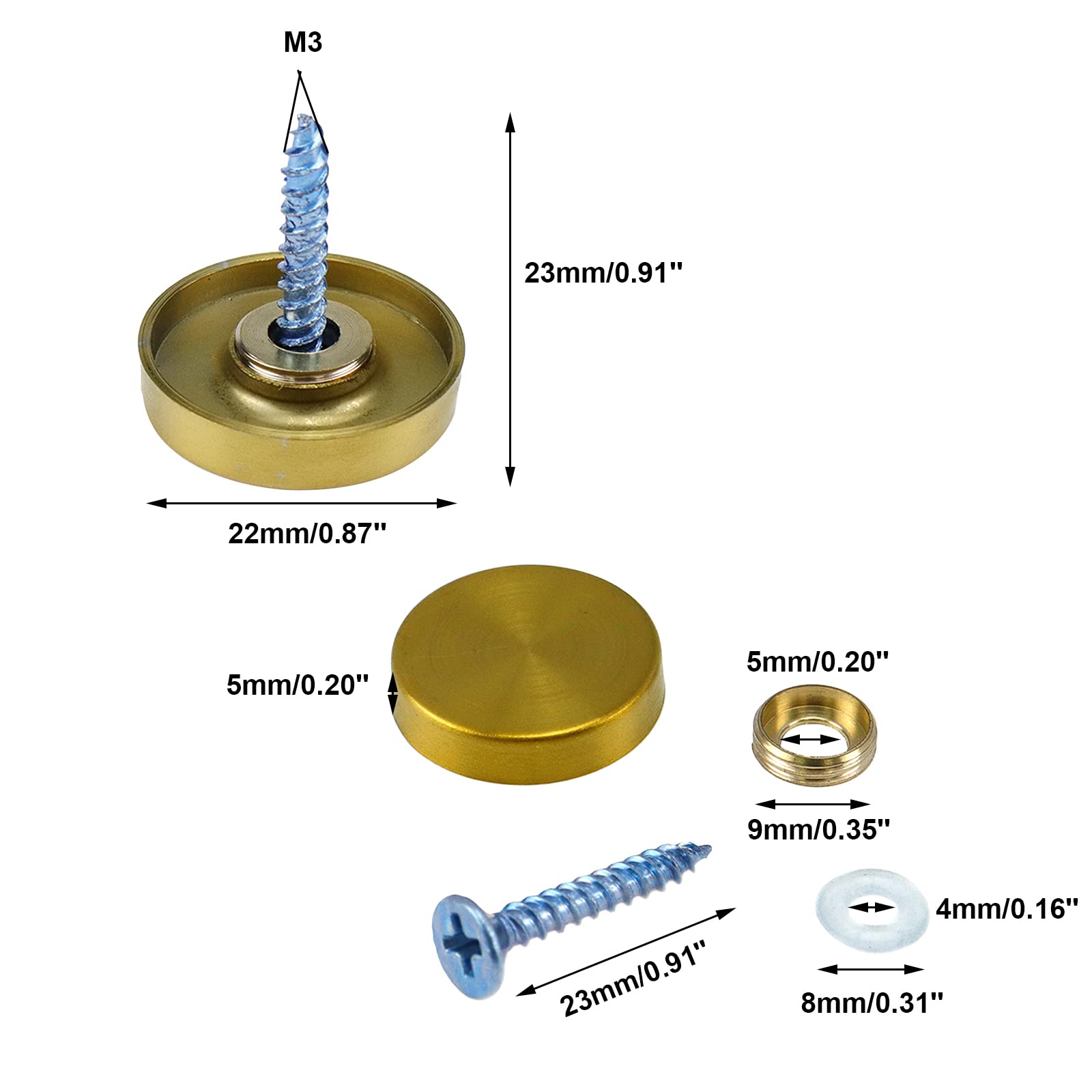 22mm Golden Stainless Steel Mirror Screw Caps - 8Pcs Decorative Nails for Mirrors, Furniture & Wall Decor | Rustproof Hardware for Home Improvement & DIY Projects