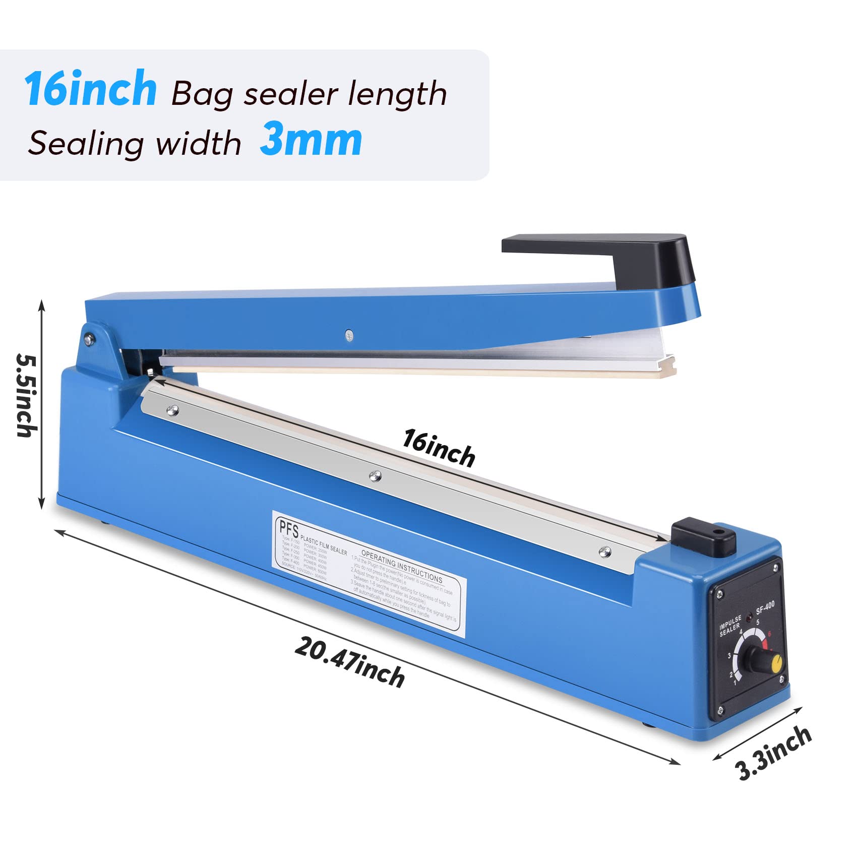 16 Inch Manual Impulse Bag Sealer with Adjustable Timer - Heat Sealing Machine for Poly Bags | Includes 50Pcs 4x6 Inch Shrink Wrap Bags & 2 Free Replacement Kits | Perfect for Food Packaging, Retail, and Shipping Protection